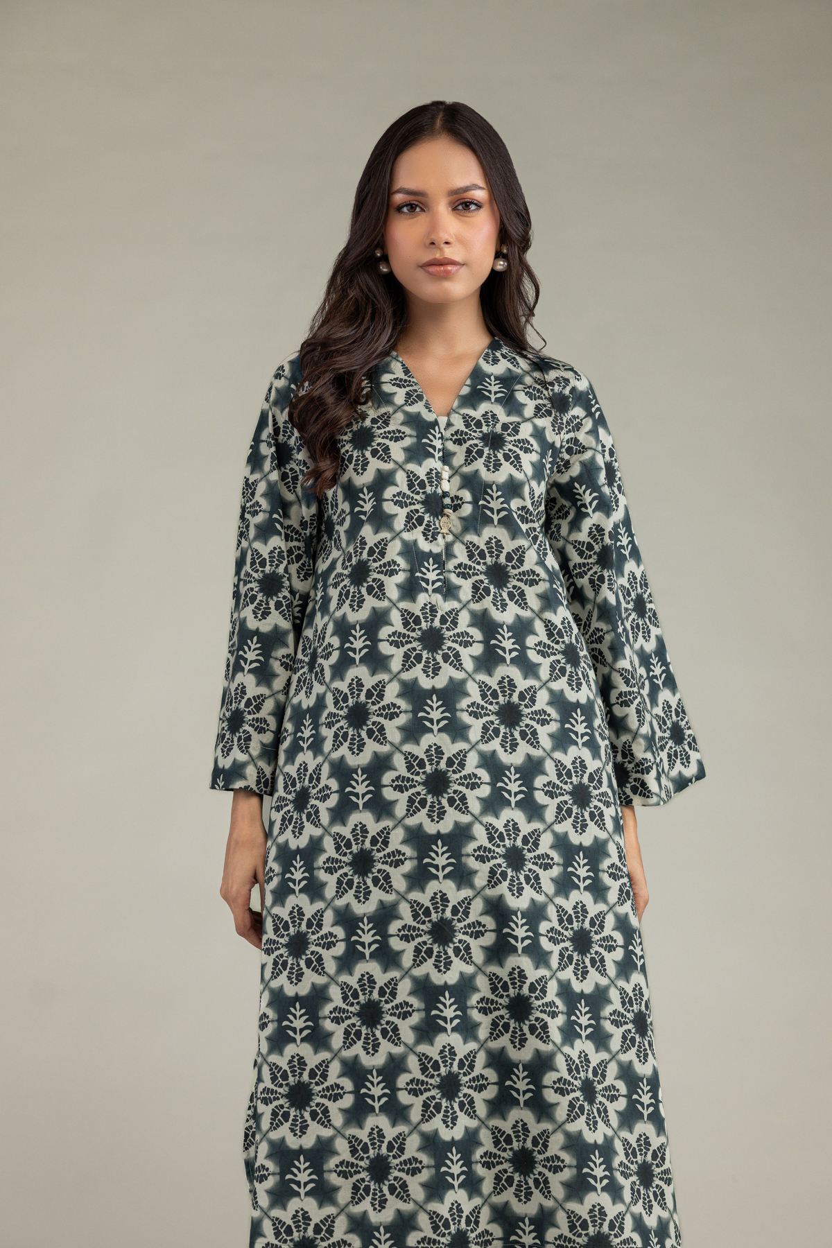 Printed Cotton Dobby Floral Longline Kurta - 1-26-102-A-F-VG