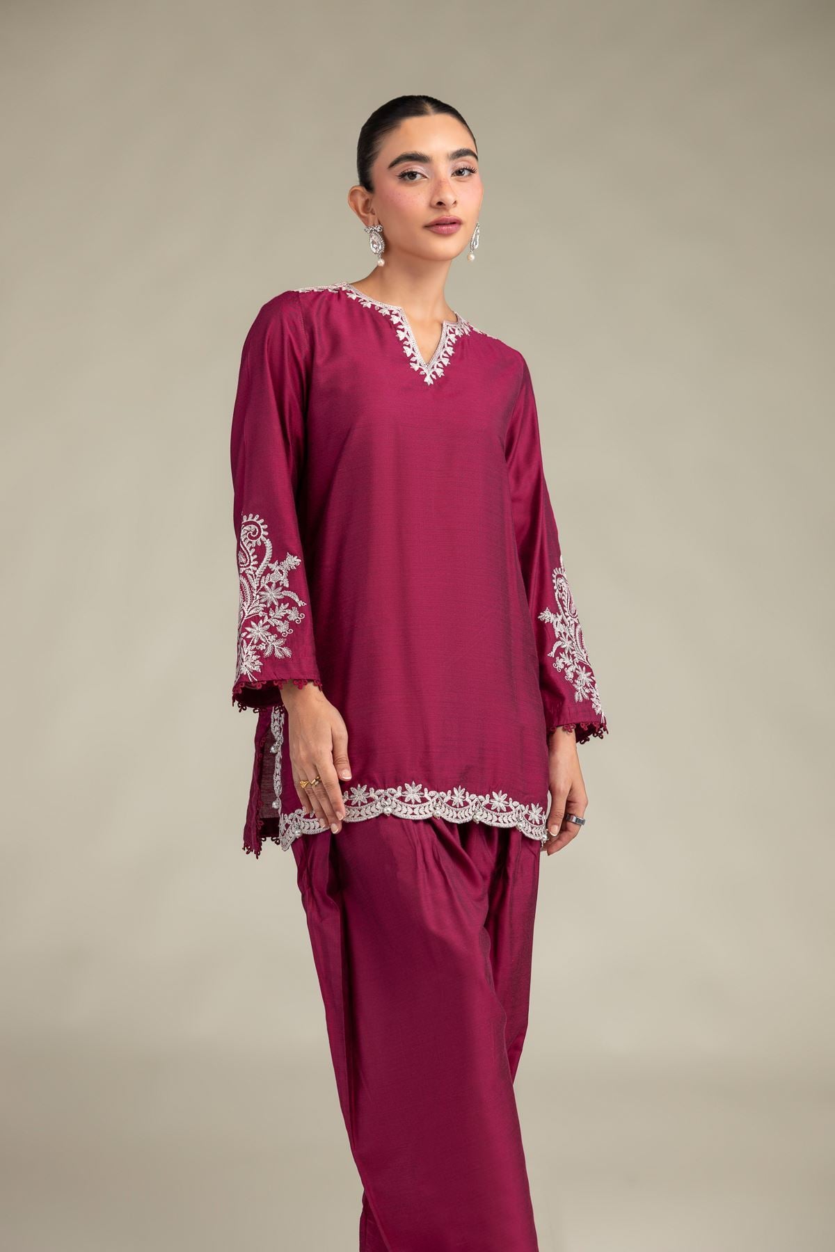 Printed Raw Silk Silk V-Neck Kurta - 2-26-306-A-D1-VG