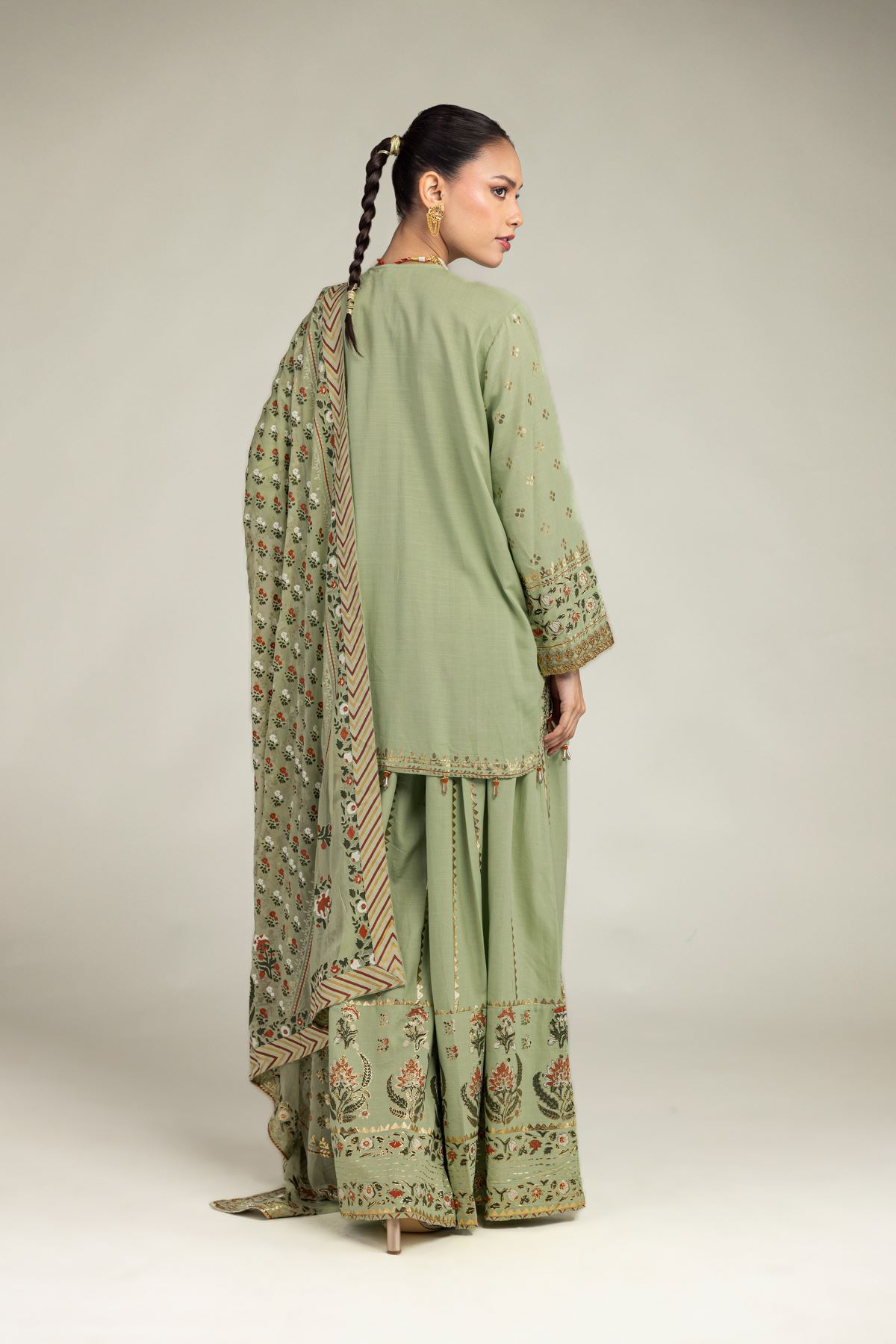 Embroidered Raw Silk 3 Piece Co-ord Set - 1-26-203-A-H1-VG