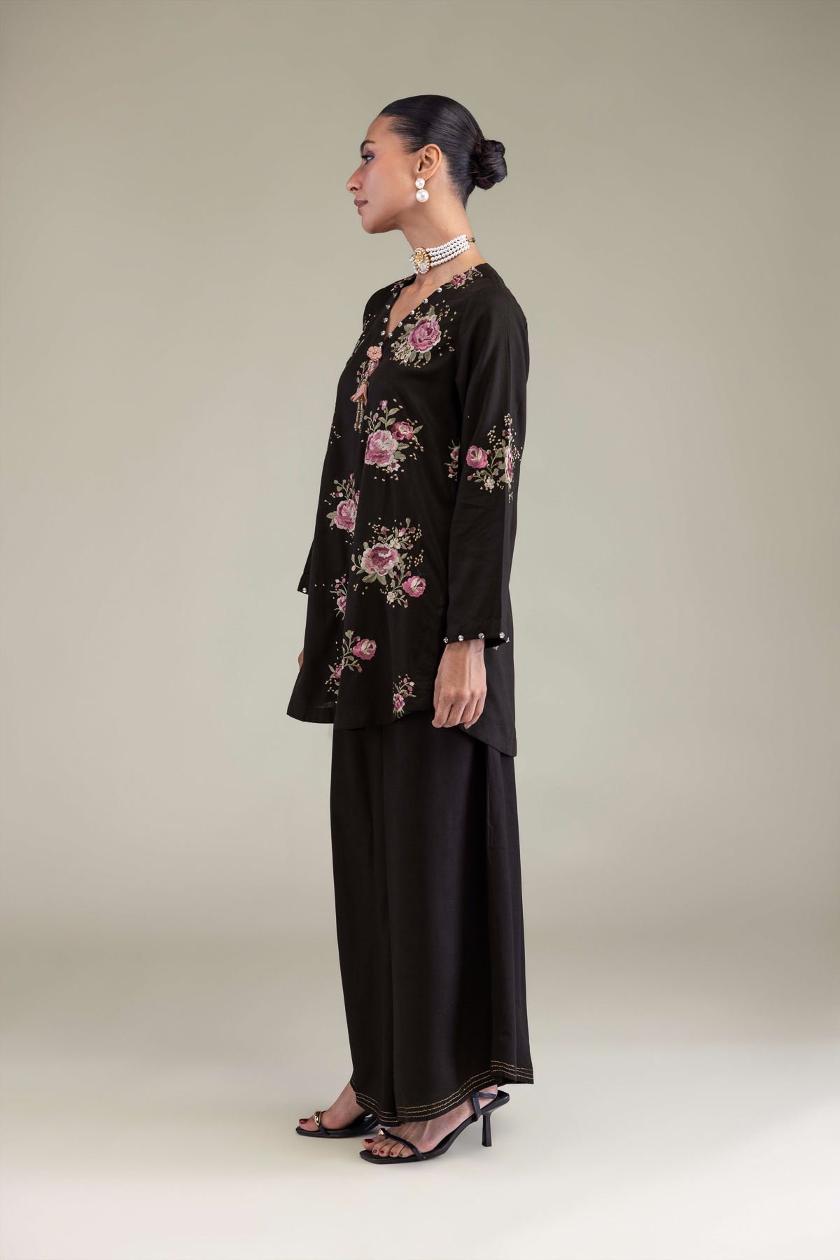 Embroidered Raw Silk Black Silk Pants - 2-26-206-B-D1-VG