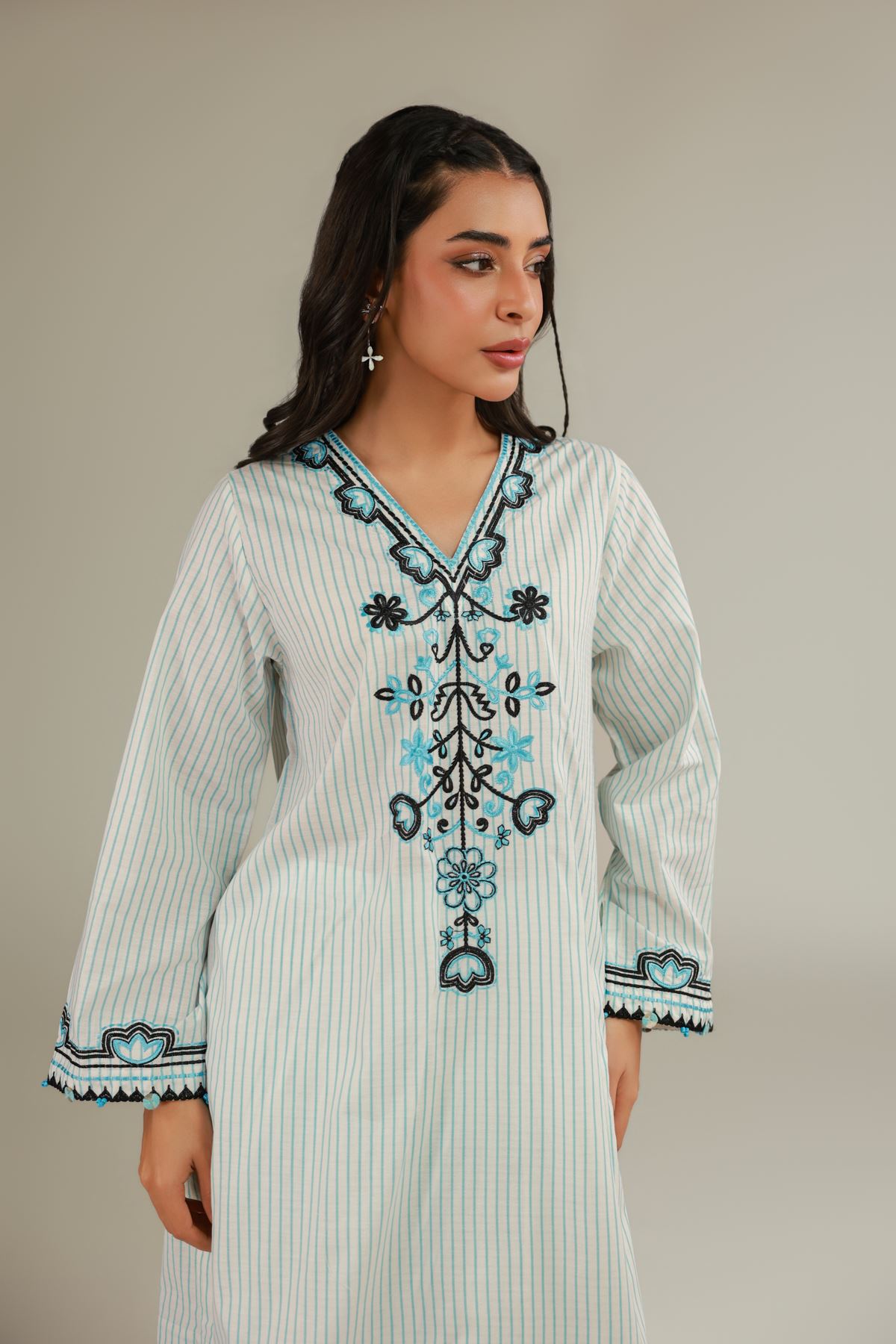 Embroidered Cotton Dobby Floral V-Neck Kurta - 1-26-119-A-F-VG