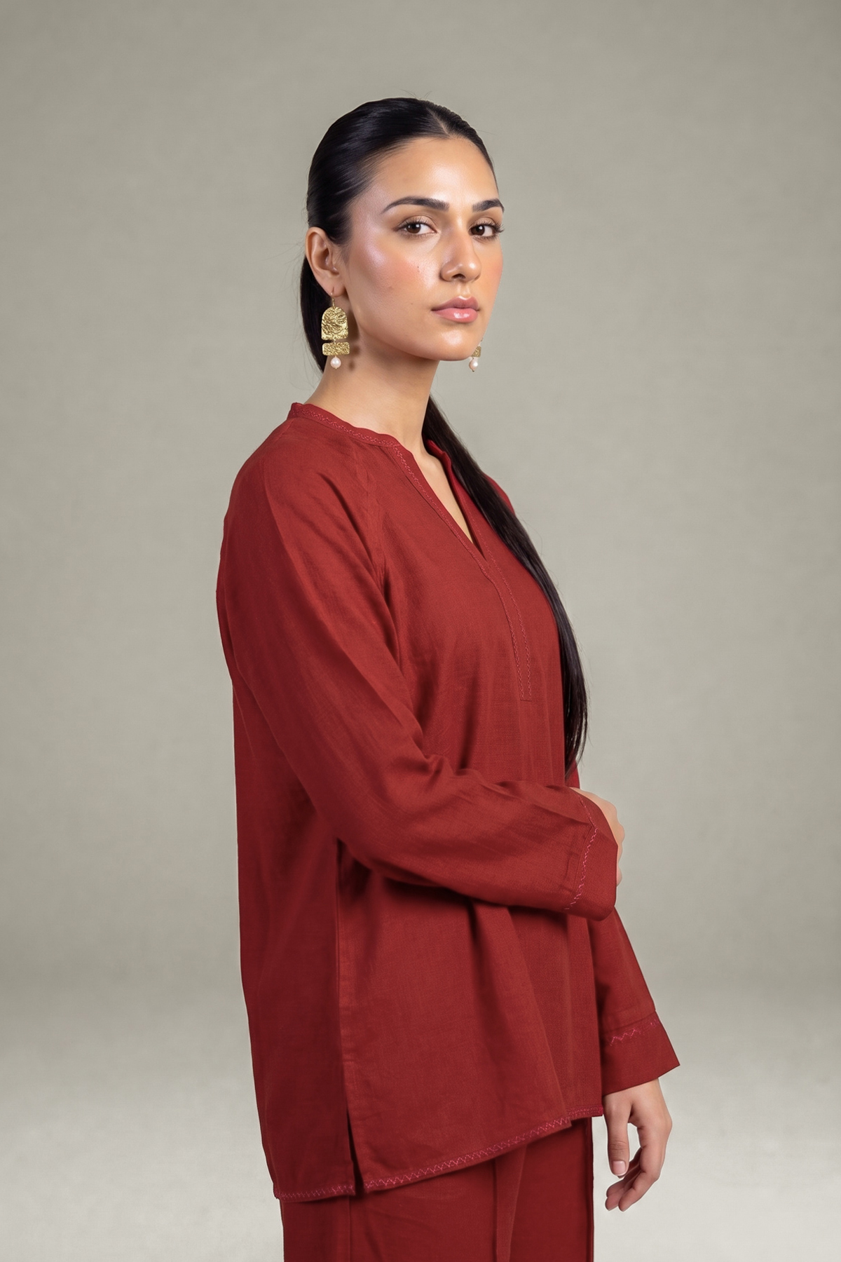 Dyed Crepe Rust V-Neck Tunic - 1-26-408-A-A1-VG