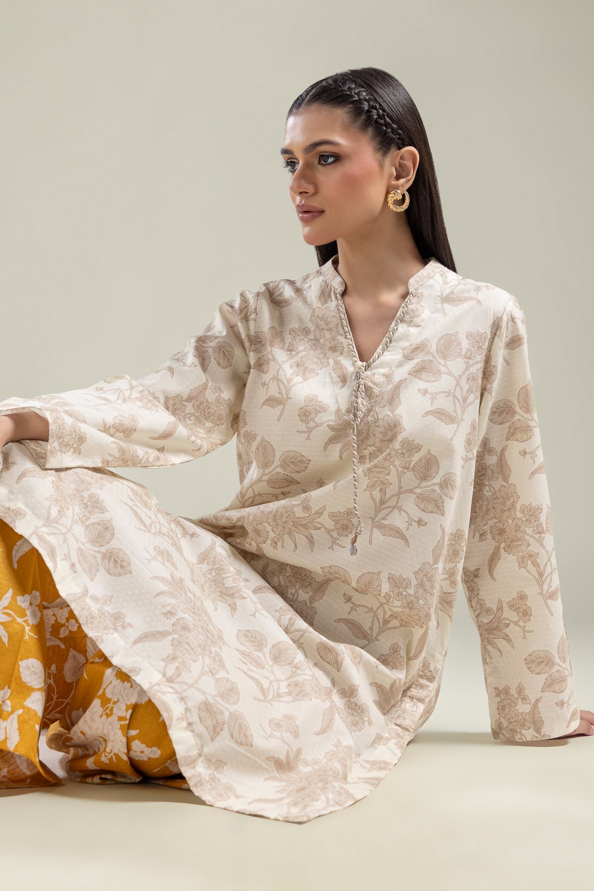 Printed Cotton Dobby Floral Longline Kurta - 1-26-134-A-F-VG