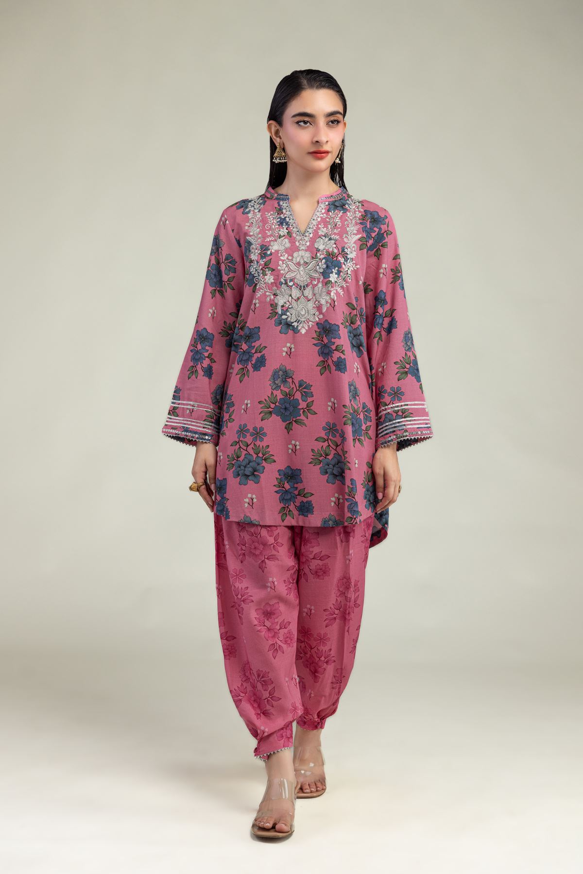 Embroidered Raw Silk Floral V-Neck Kurta - 1-26-325-B-G2-VG