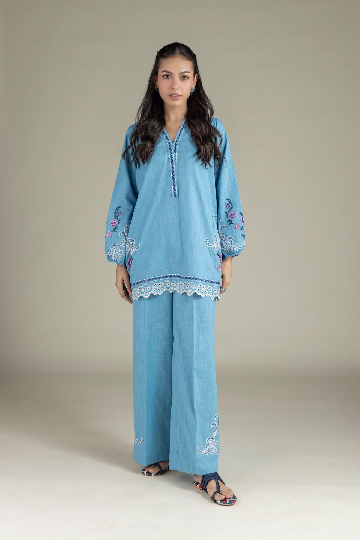 Embroidered Heavy Textured Cotton Pants - 25-10-12E4-06TB-VG
