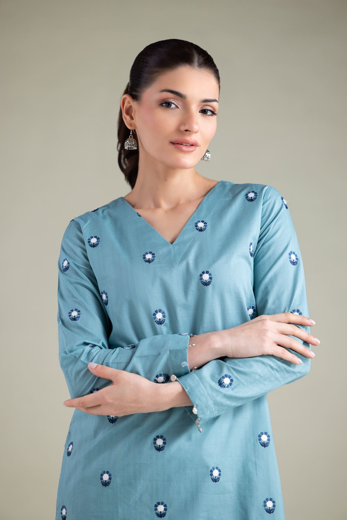 Embroidered Cotton Dobby Longline V-Neck Kurta - 1-26-113-A-F-VG
