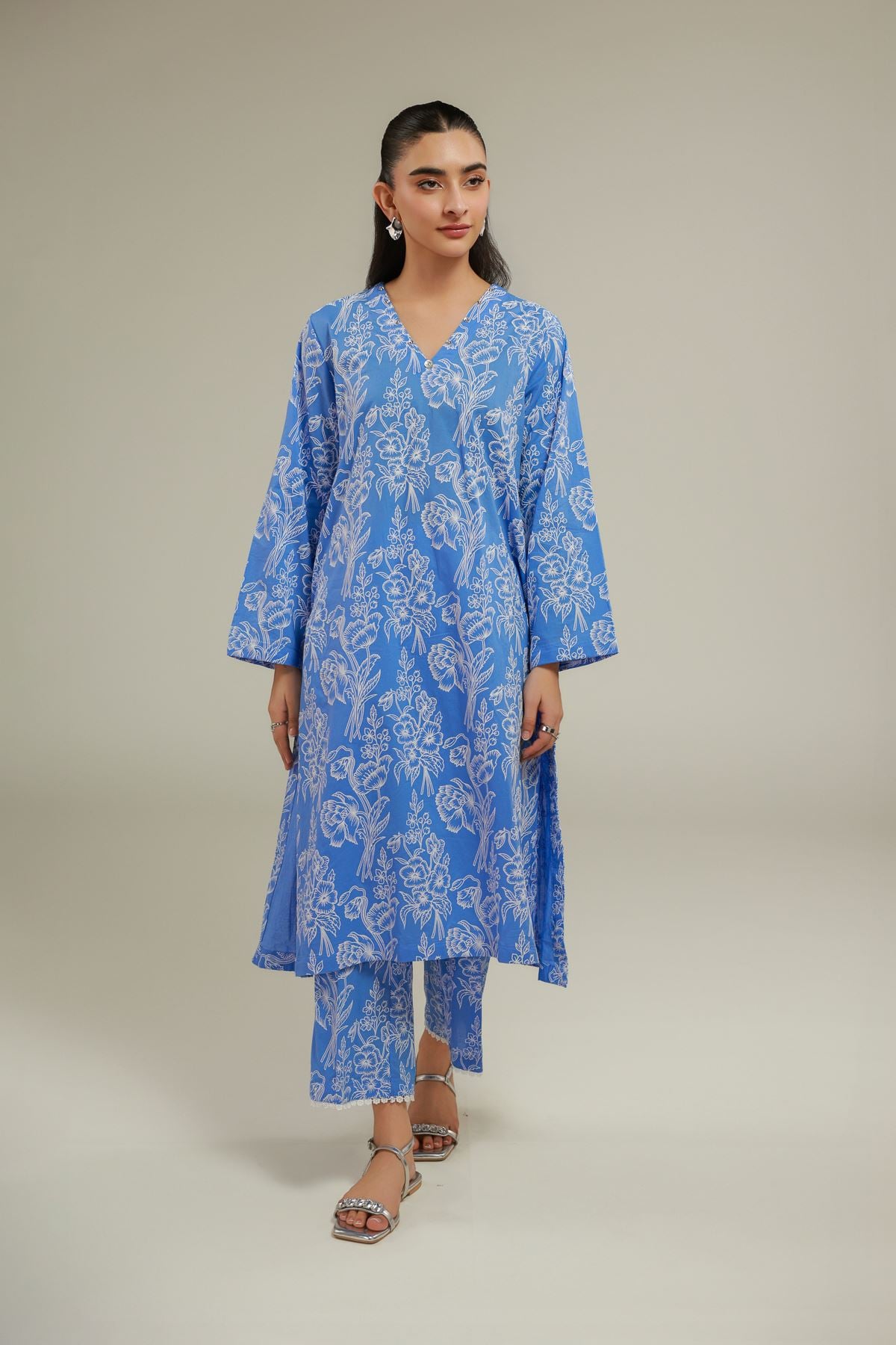 Cambric Floral Longline Kurta - 1-26-119-A-A-VG