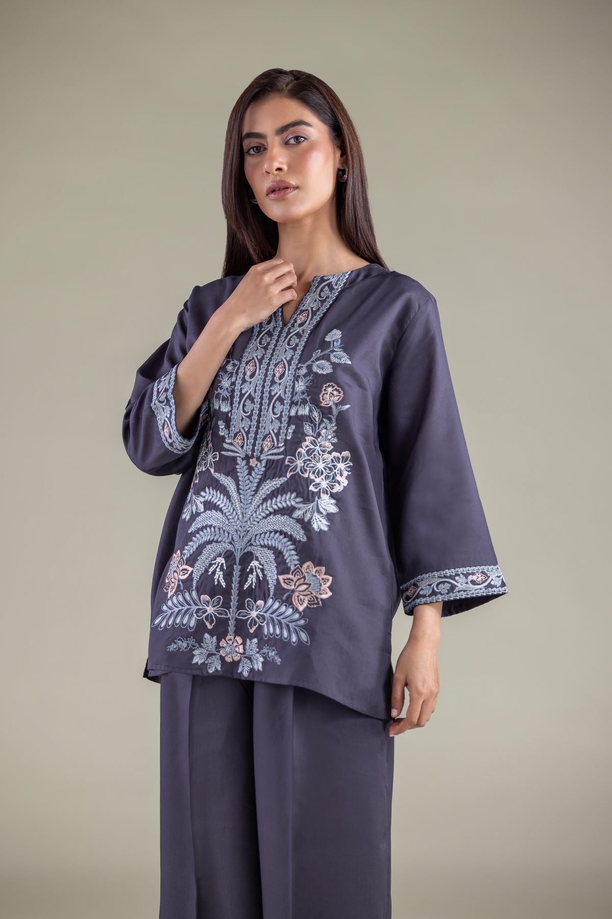 Embroidered Textured Weave Tunic - 6-26-102-A-A-VG