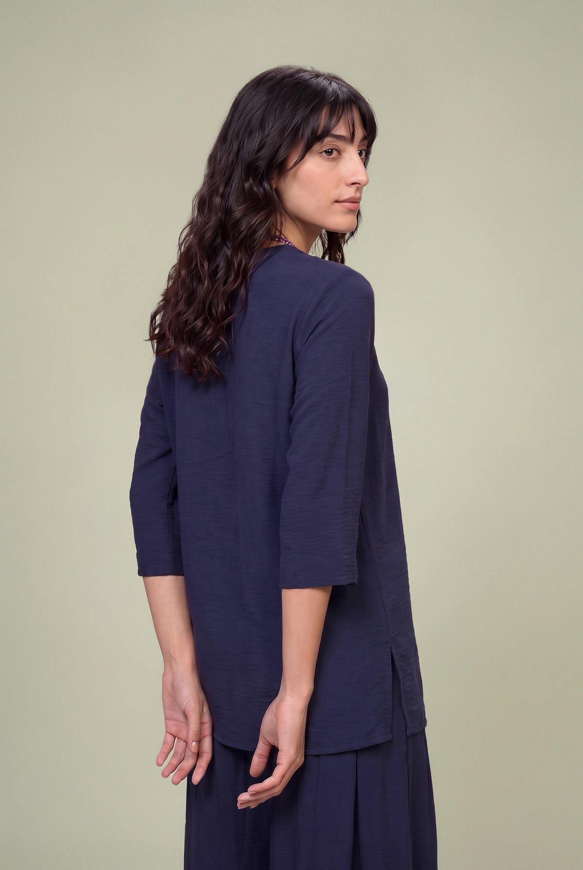 Dyed Textured Georgette V-Neck Navy Tunic - 1-26-229-B-F1-VG