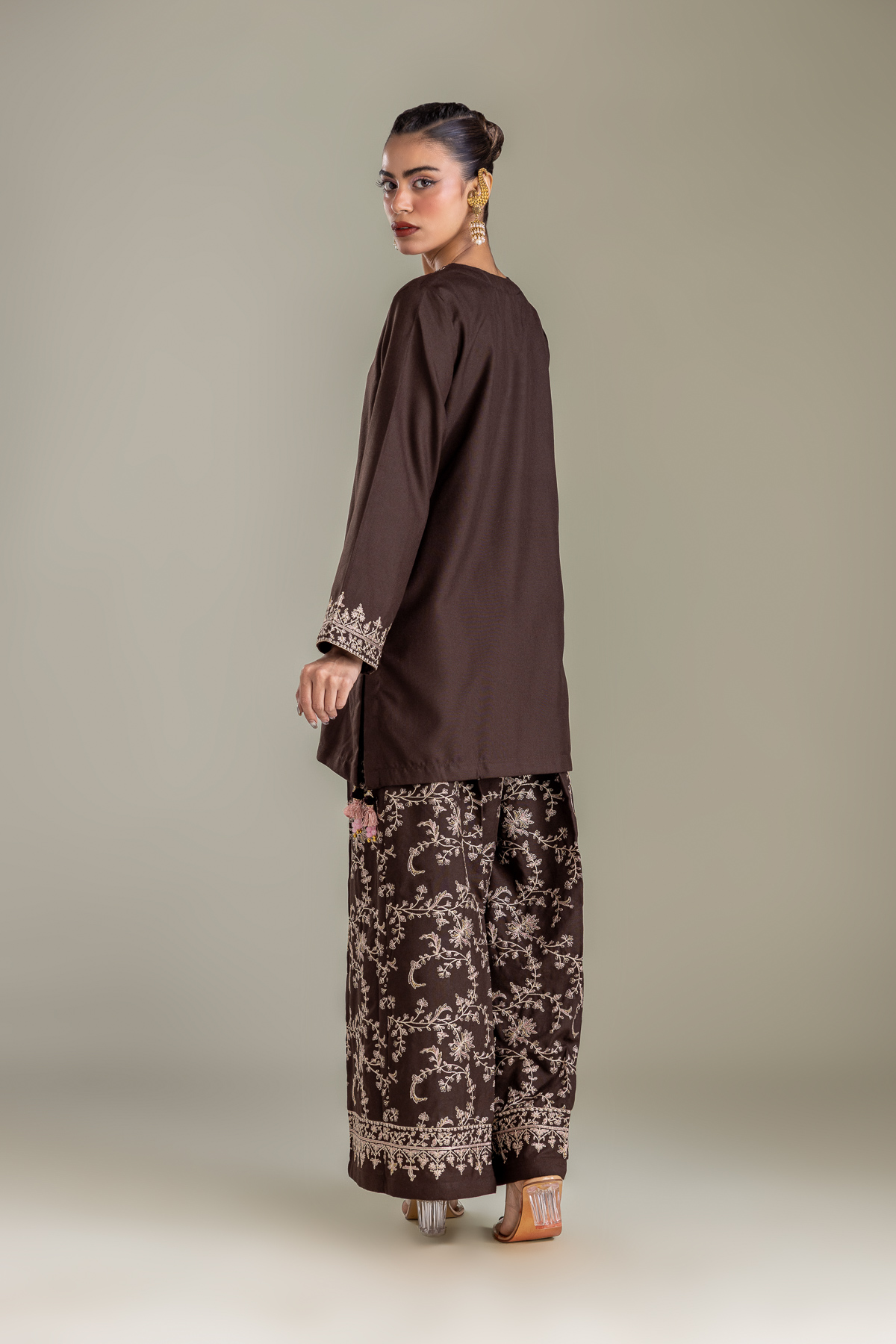Embroidered Heavy Blended Viscose Brown V-neck Kurta - 1-26-431-A-D1-VG
