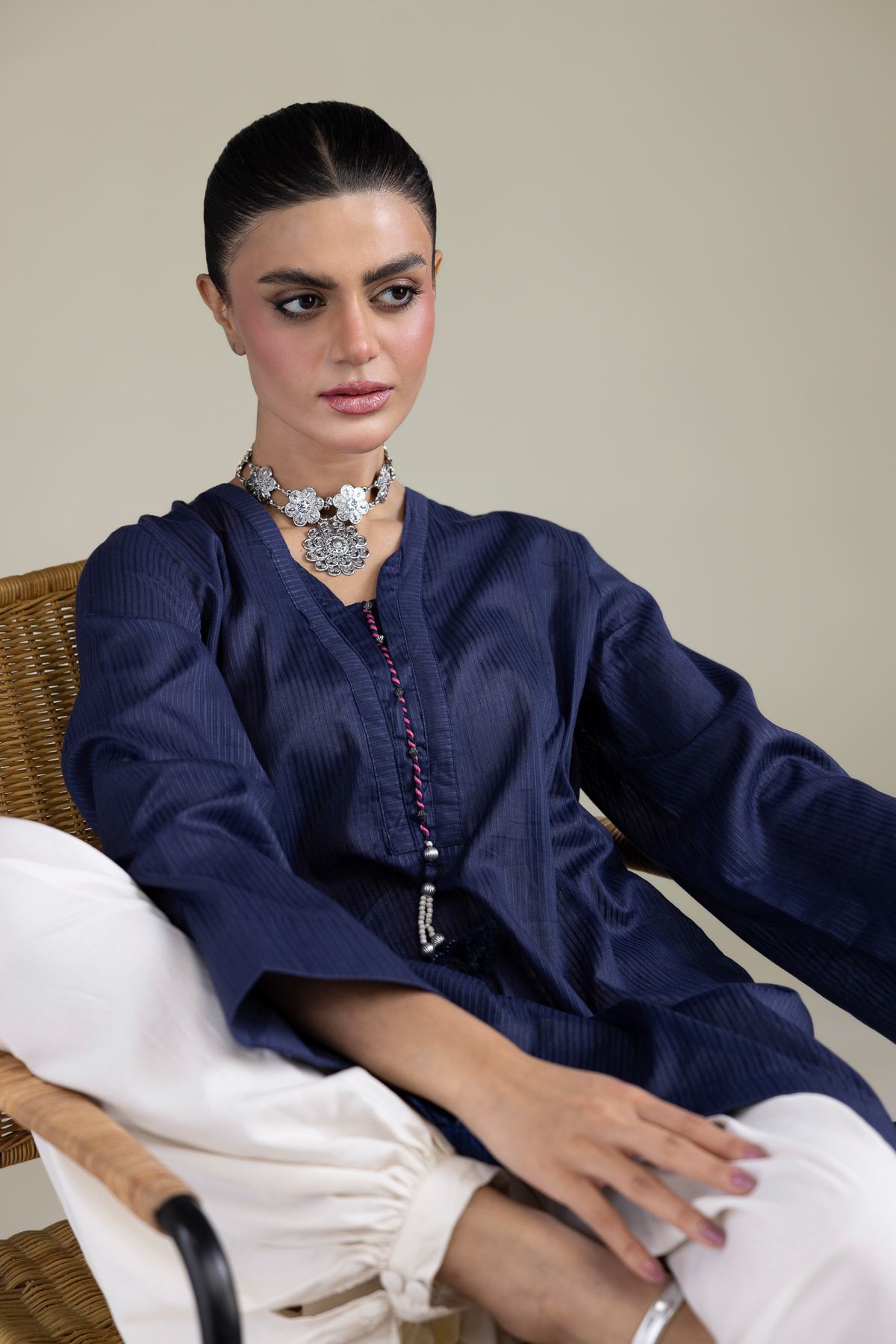Dyed Cotton Dobby Navy V-Neck Kurta - 25-10-12E6-07TA-VG