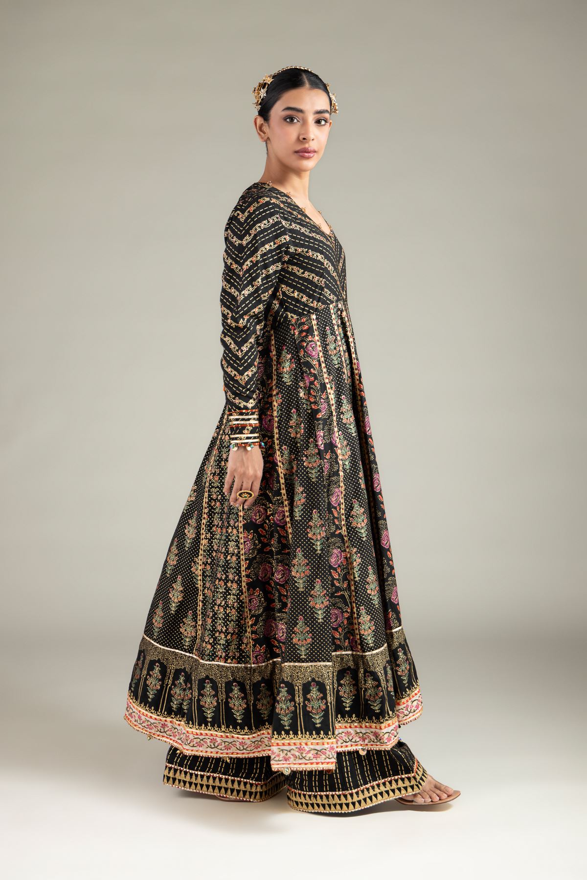 Printed Raw Silk 2 Piece Co-ord Set | Top and Bottom - 1-26-115-A-B-VG