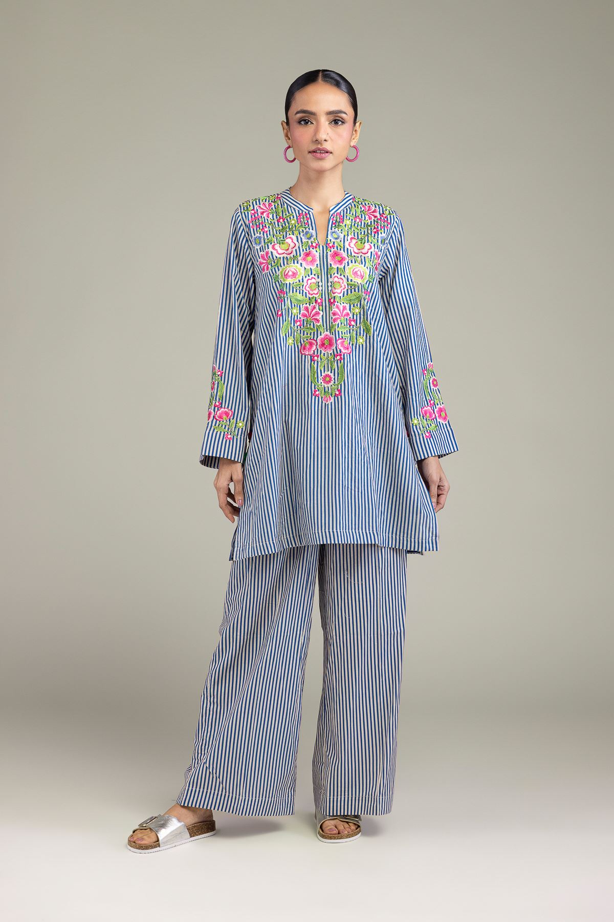 Embroidered Cambric Blue Cambric Pants - 1-26-210-A-A2-VG