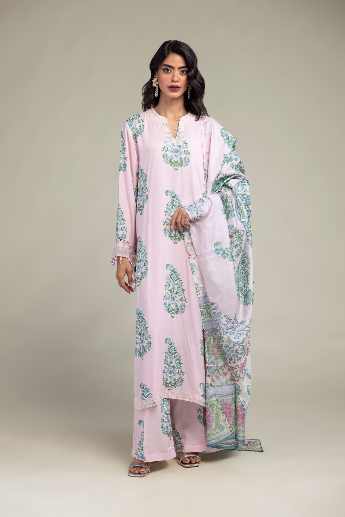 Embroidered Raw Silk Floral Pink Pants - 1-26-102-A-F-VG