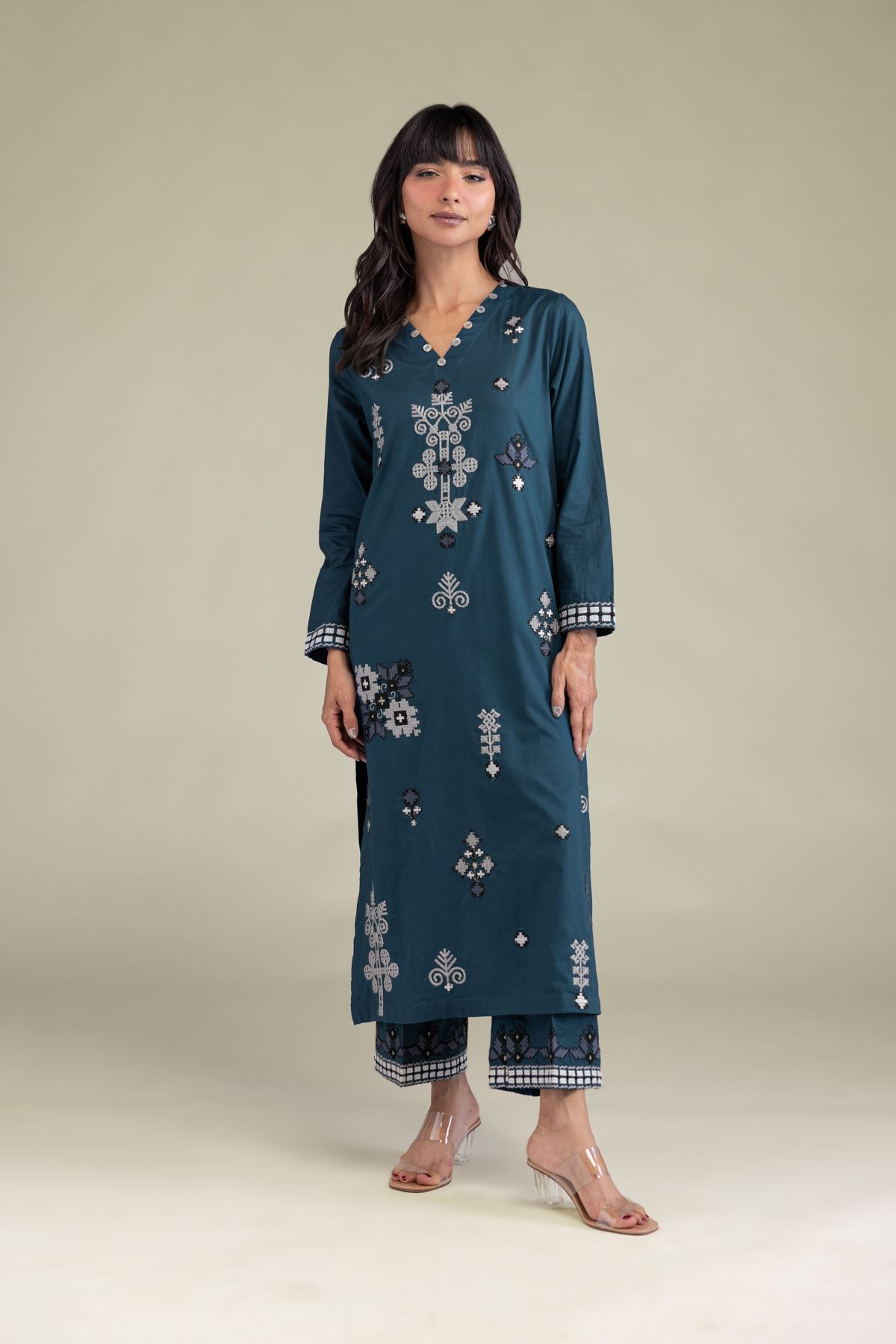 Embroidered Cambric Teal Longline Kurta - 2-26-212-A-H1-VG