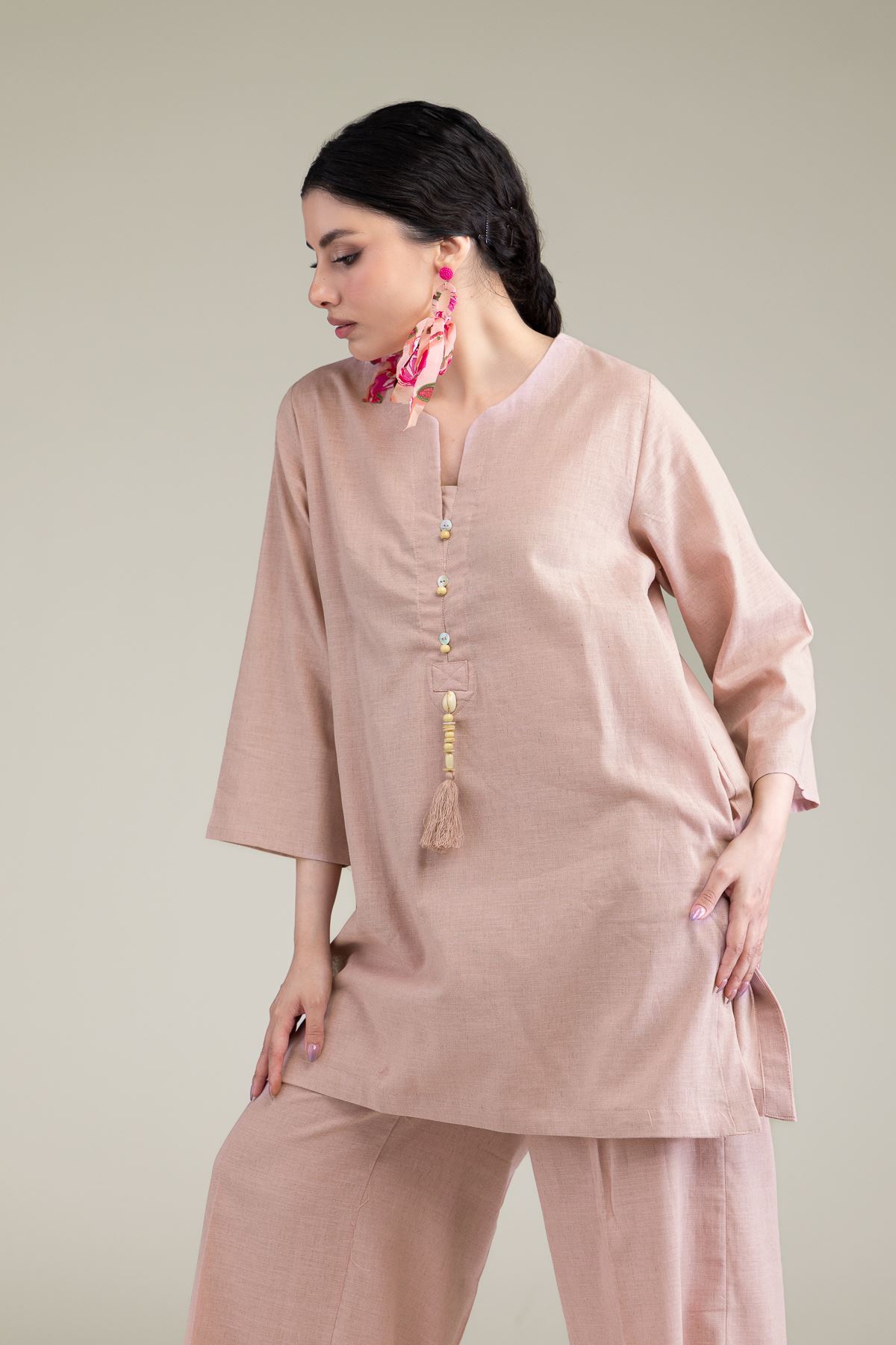 Dyed Blended Linen Solid Linen Kurta - 1-26-209-B-F1-VG
