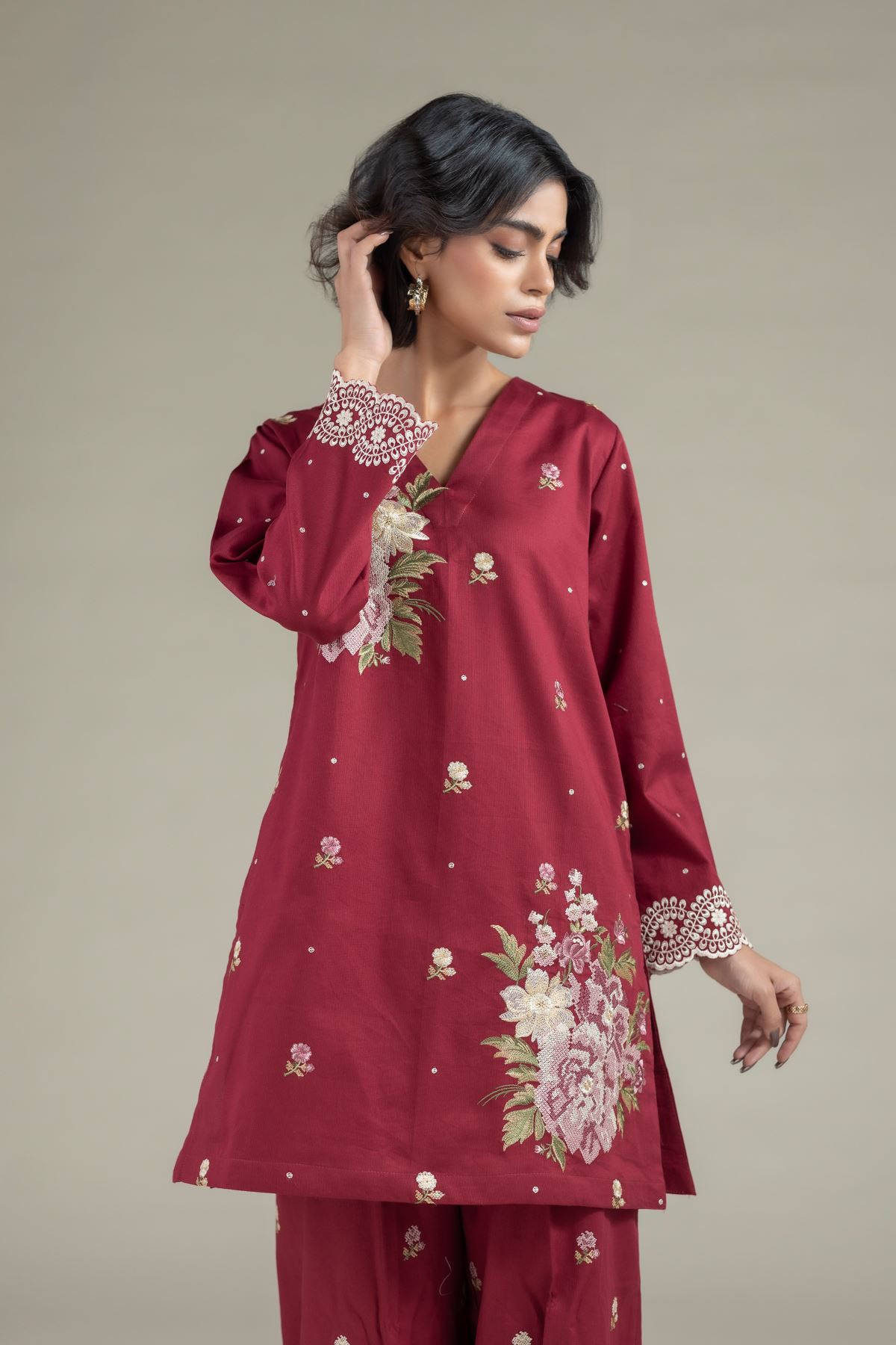 Embroidered Textured Cotton Kurta - 25-08-12E8-04TA-VG