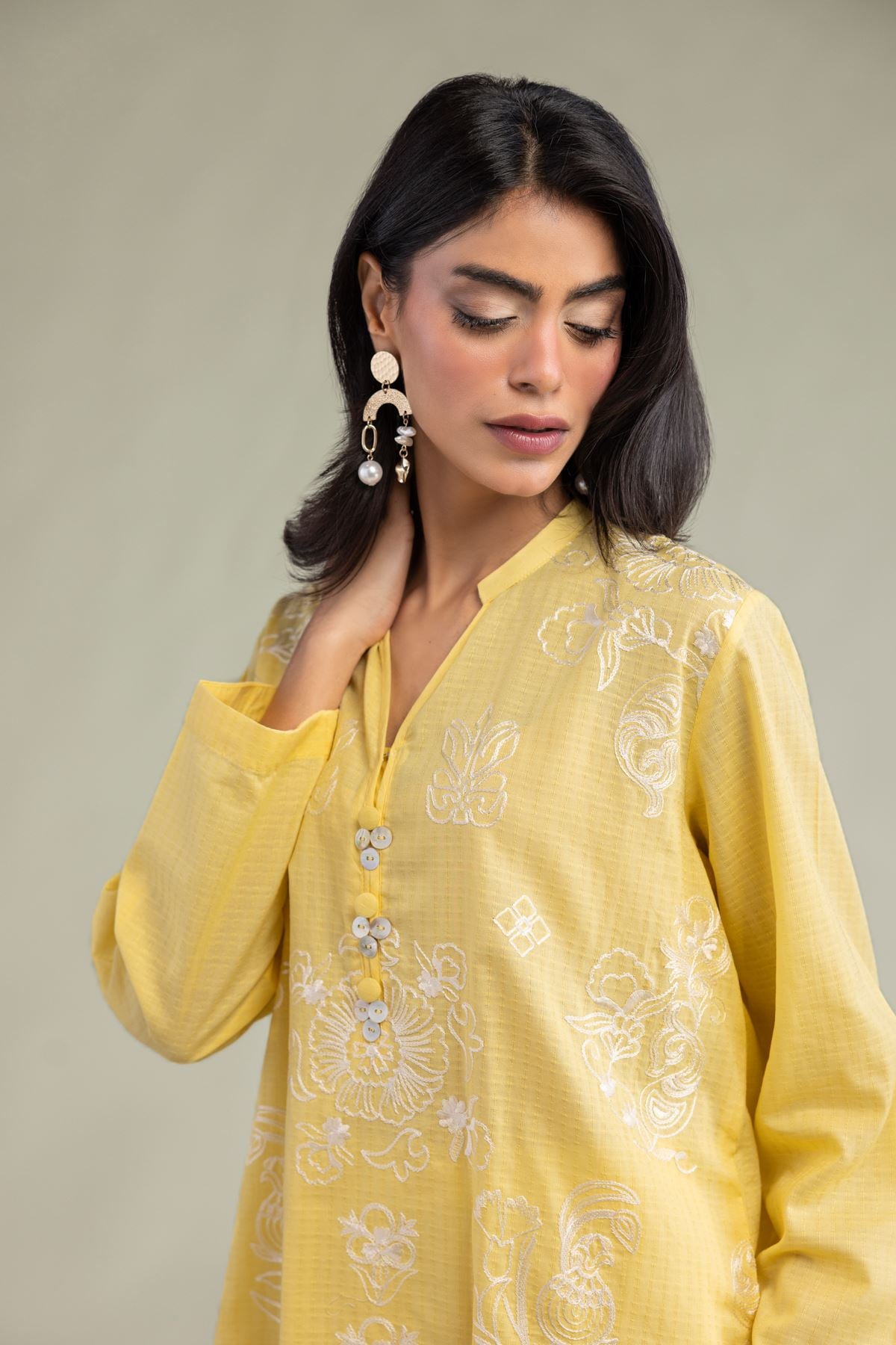 Embroidered Cotton Dobby Yellow Floral Kurta - 8-26-303-A-C1-VG