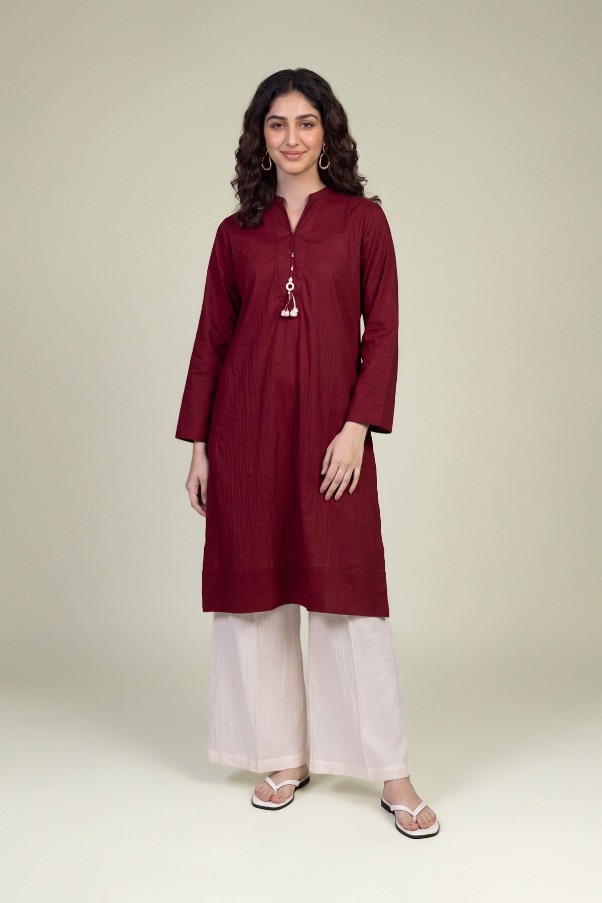 Embroidered Cotton Crinkle Cotton Solid Pants - 1-26-102-A-F-VG