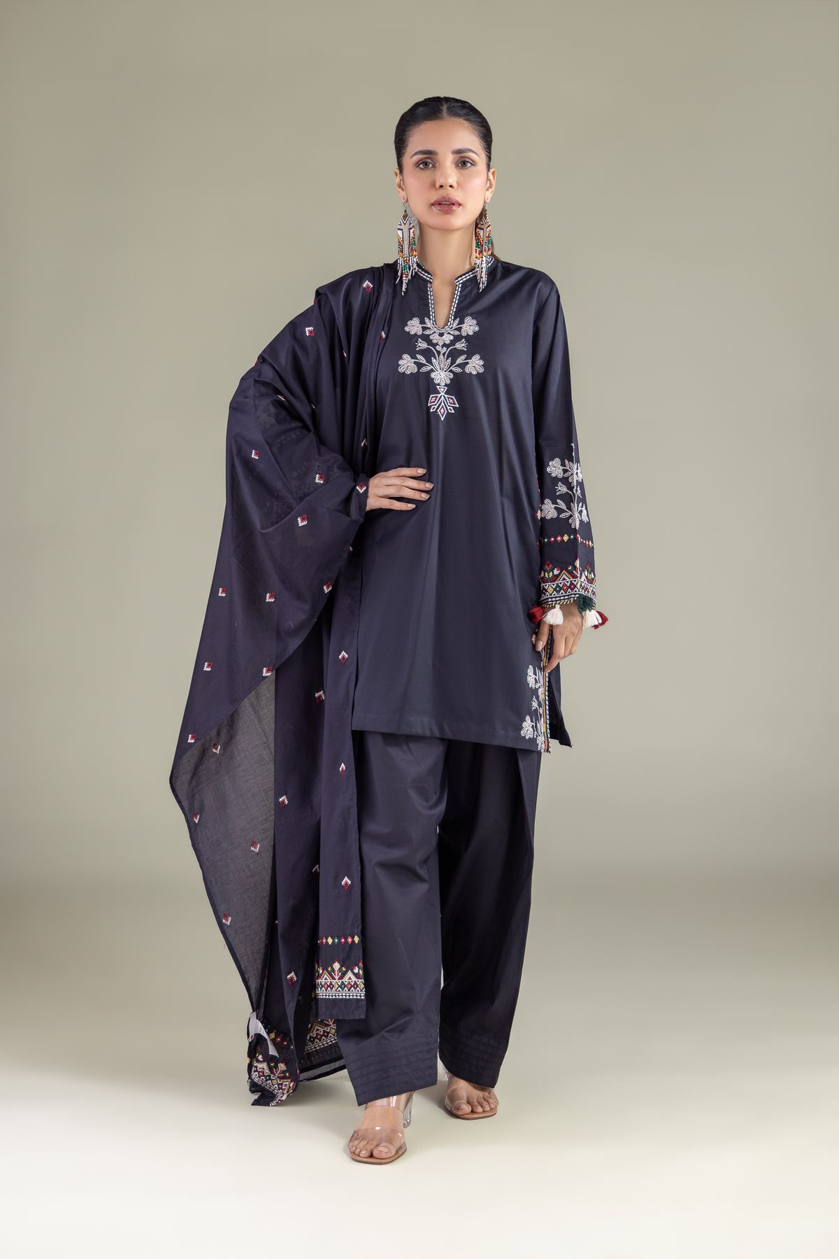 Embroidered Lawn Draped Geometric Dupatta - 1-26-127-A-E-VG