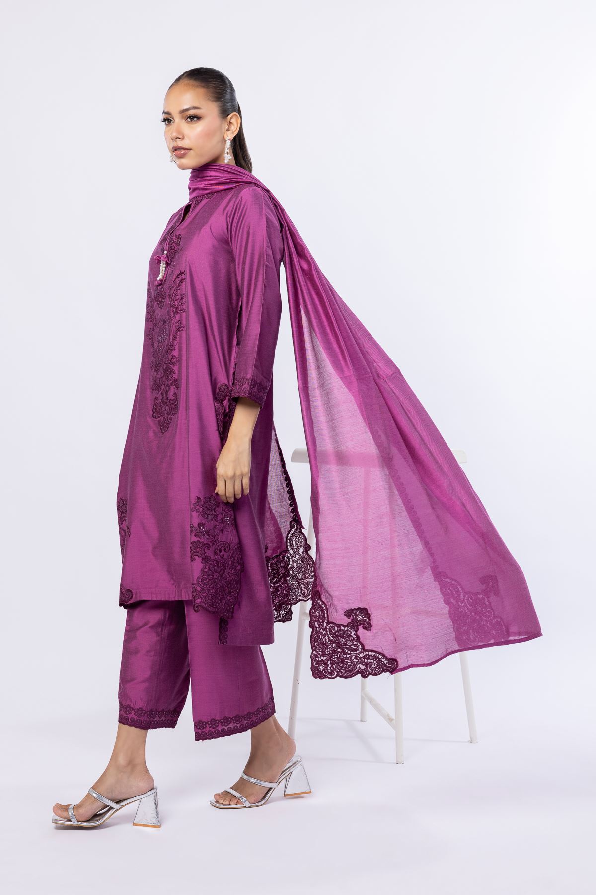 Embroidered Raw Silk Pants - 25-09-9S1-01TA-VG