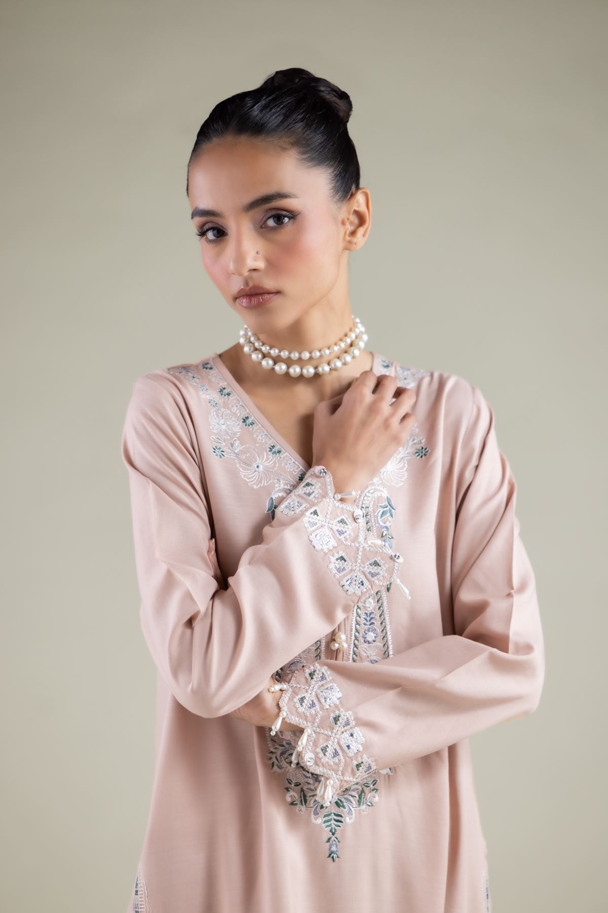 Embroidered Raw Silk Floral Longline Kurta - 2-26-112-A-B-VG