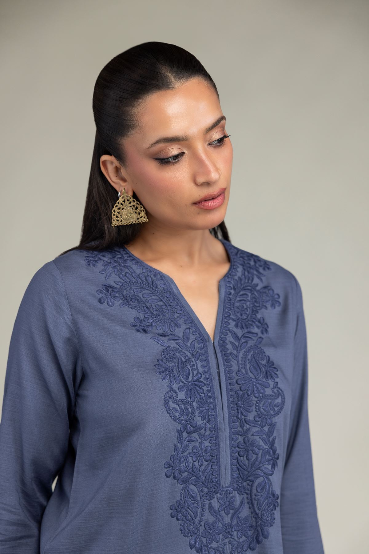 Dyed Raw Silk Longline V-Neck Kurta - 1-26-322-B-A1-VG