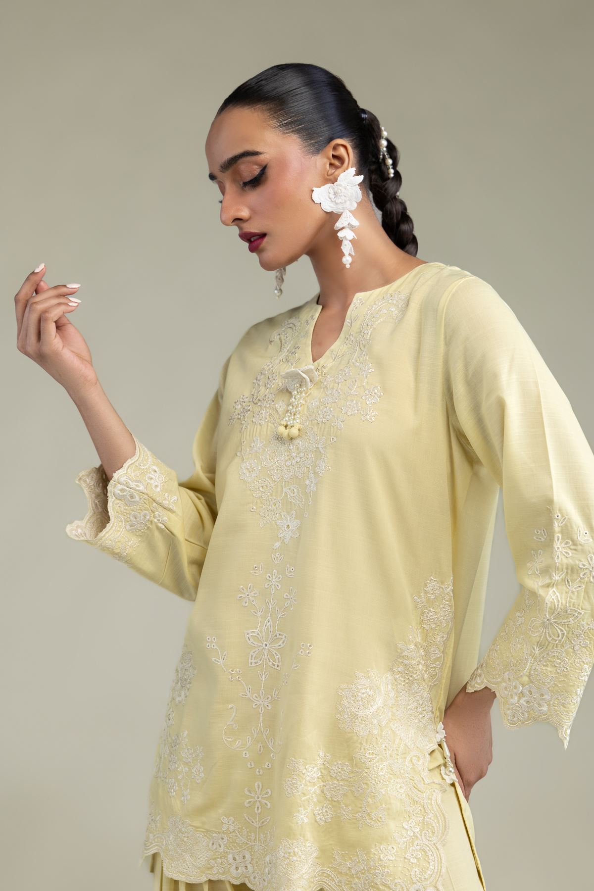 Embroidered Raw Silk Silk V-Neck Kurta - 1-26-250-B-H1-VG