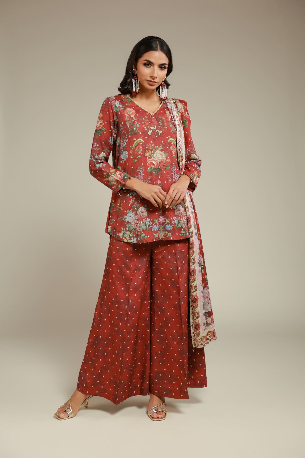 Embroidered Raw Silk 3 Piece Co-ord Set - 25-12-12S4-02TA-VG