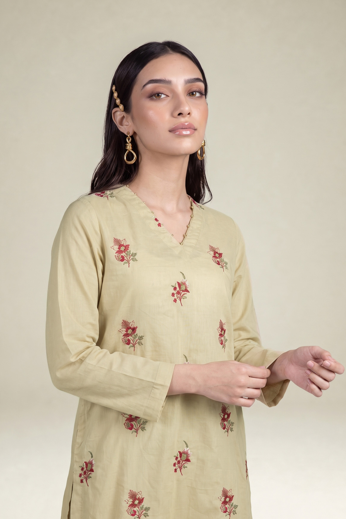 Embroidered Cambric Beige Cambric Kurta - 1-26-102-A-F-VG