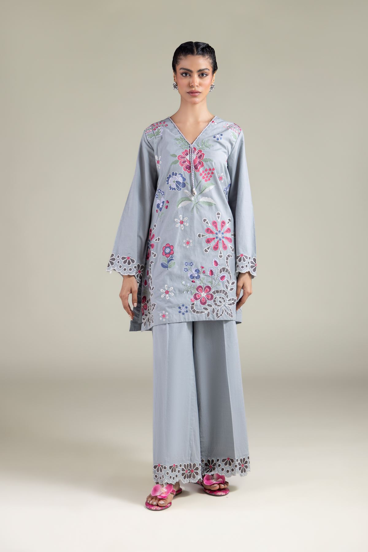 Embroidered Textured Cotton Floral V-Neck Kurta - 1-26-129-A-D-VG