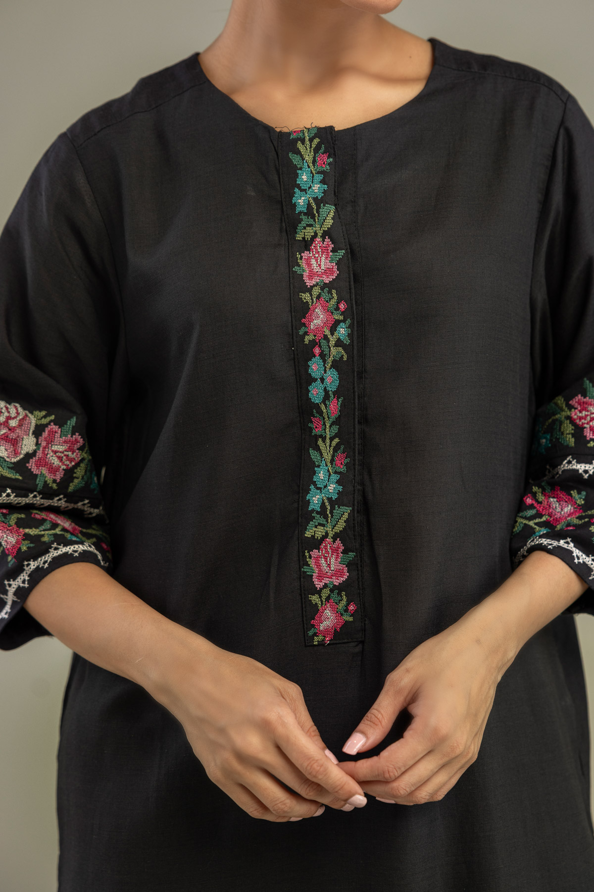 Embroidered Raw Silk Long Black Kurta - A22-26-214FH1-VG