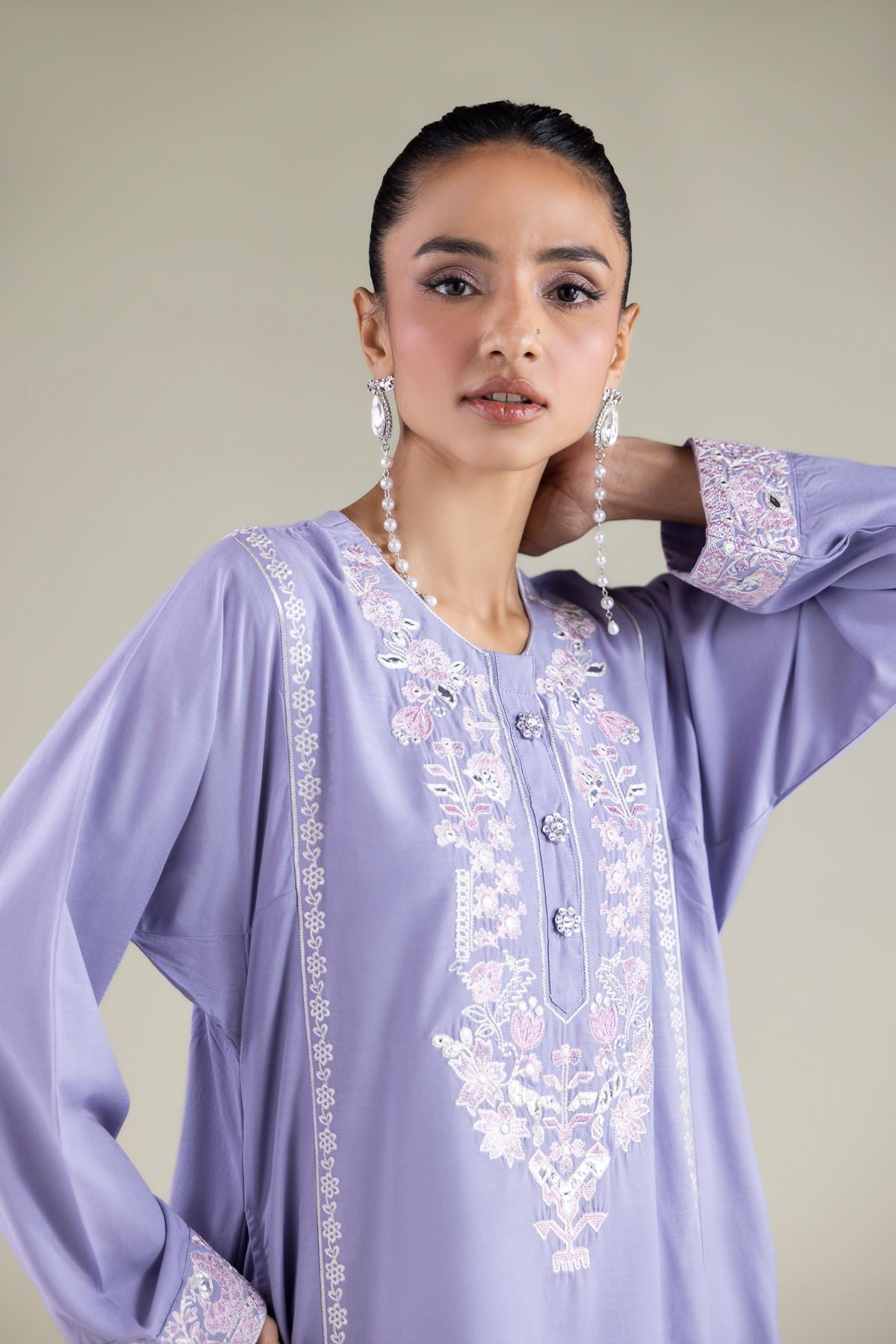 Embroidered Raw Silk Paisley Longline Kurta - 2-26-112-A-B-VG