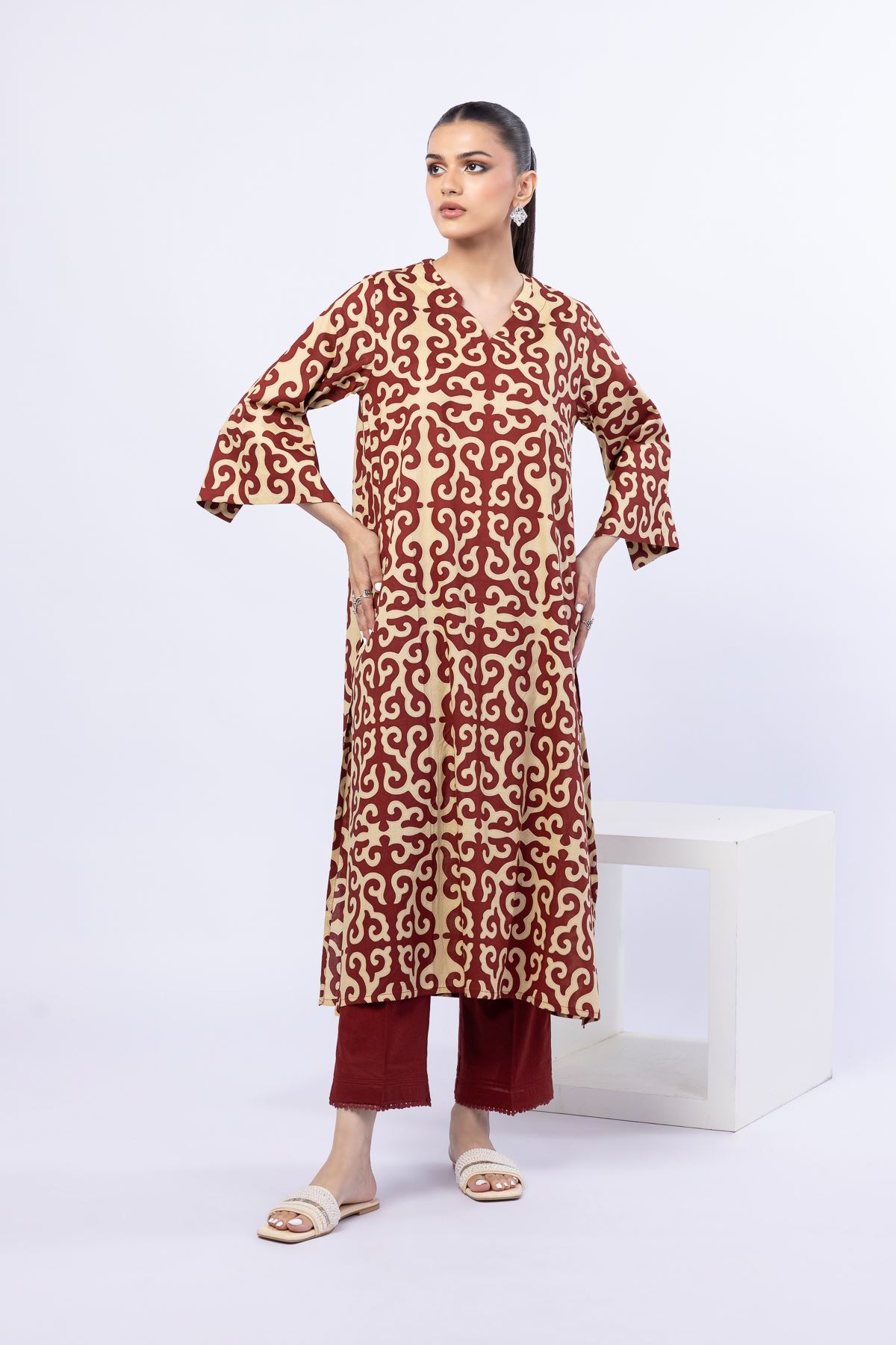 Printed Cambric Kurta - 25-05E53-03TB-VG