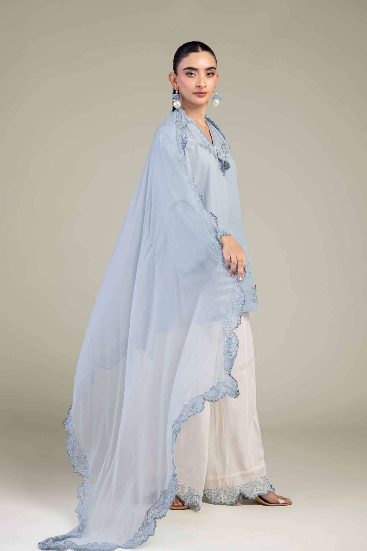 Embroidered Chiffon Blue Chiffon Dupatta - 1-26-309-B-D1-VG