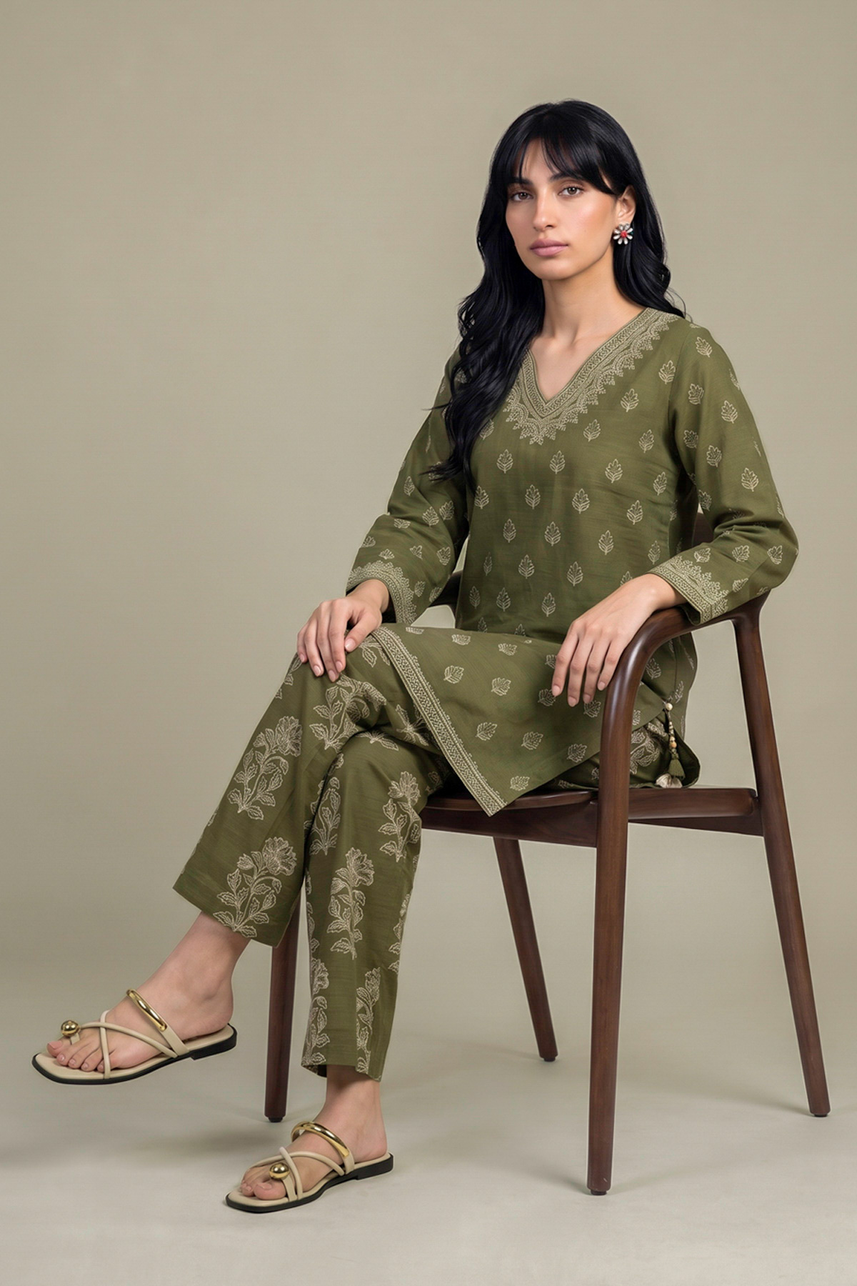 Printed Light Khaddar Printed Olive Kurta - 2-26-308-A-G1-VG