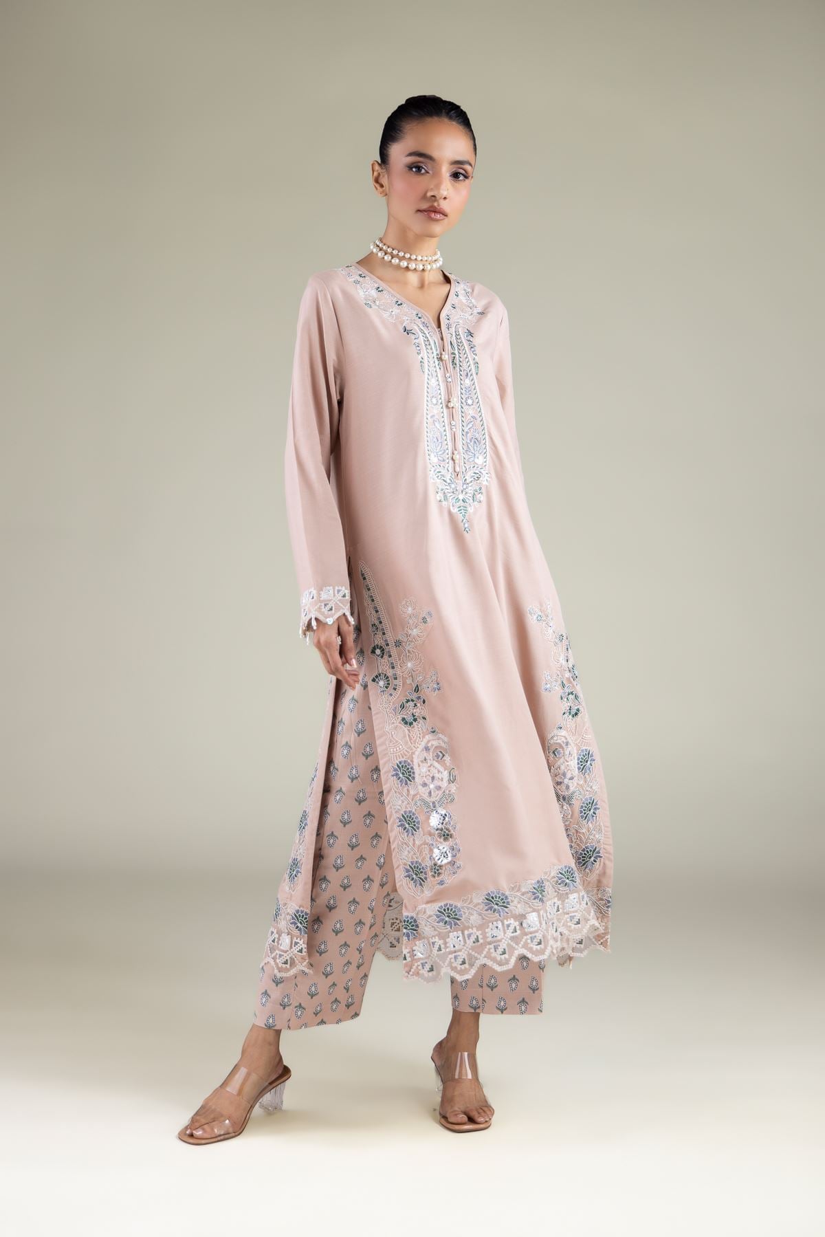 Embroidered Raw Silk Floral Straight Pants - 2-26-112-A-F-VG