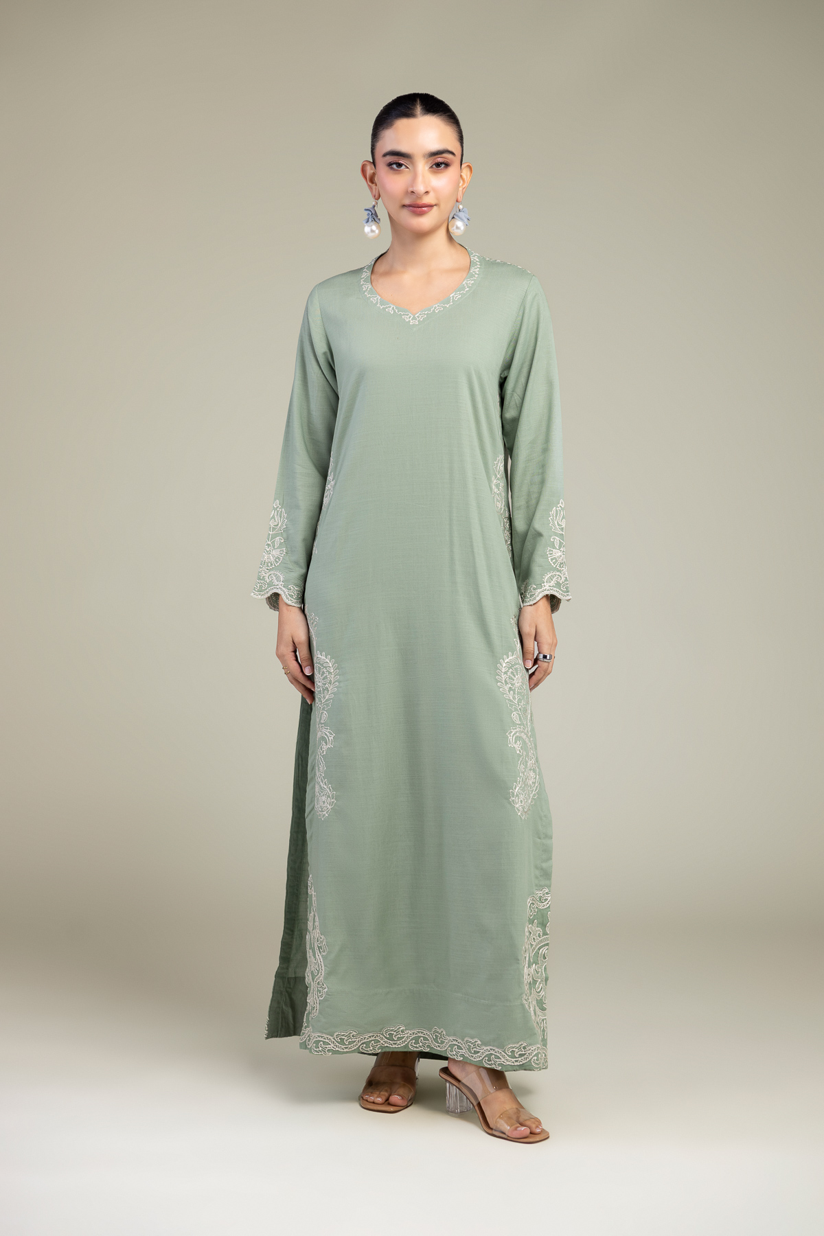Embroidered Raw Silk Paisley Thread Kurta - 1-26-309-B-D1-VG