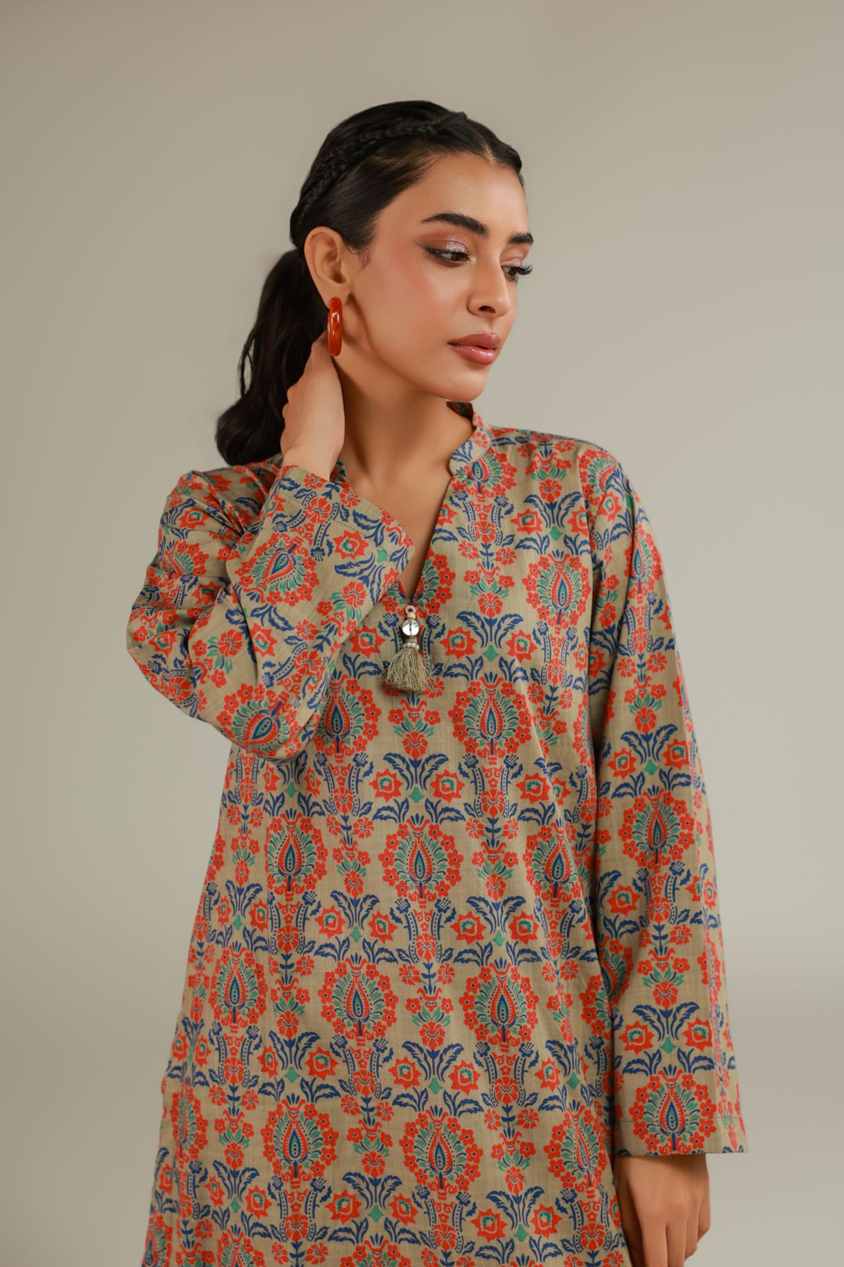 Printed Textured Cotton Mughal Motif Kurta - 1-26-108-A-F-VG