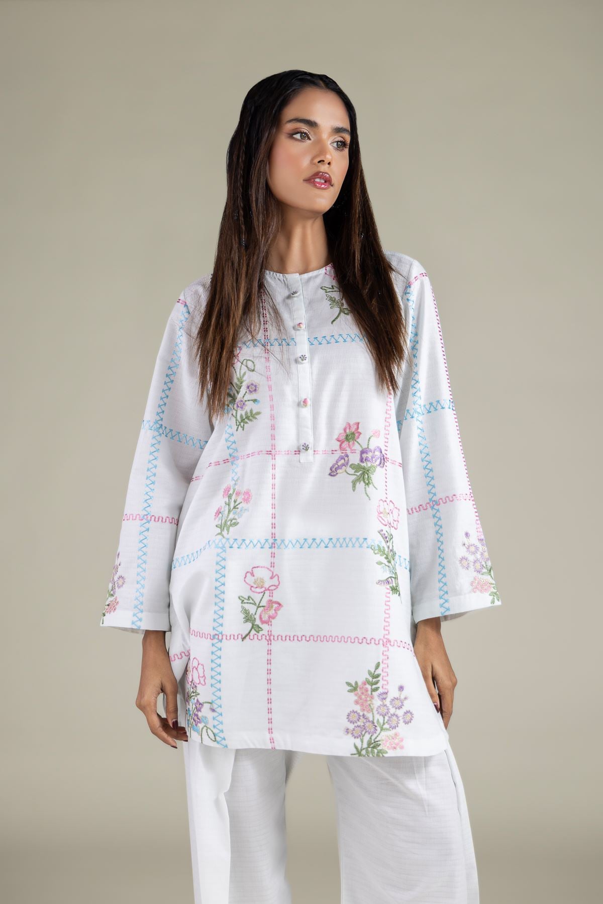 Embroidered Cotton Dobby Buttoned Floral Kurta - 1-26-105-A-H-VG