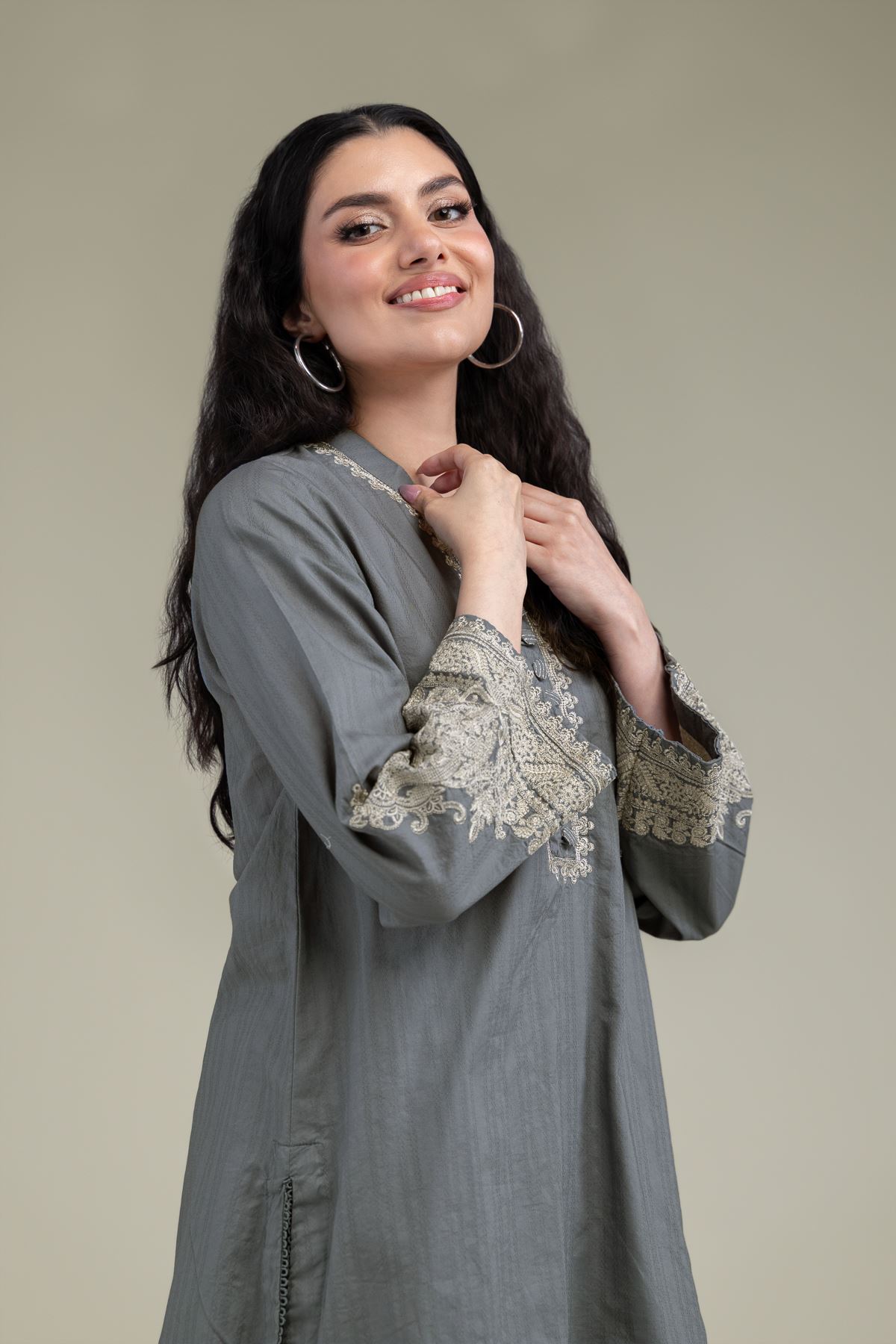 Embroidered Cotton Dobby Gray Cotton Kurta - 1-26-209-A-F1-VG