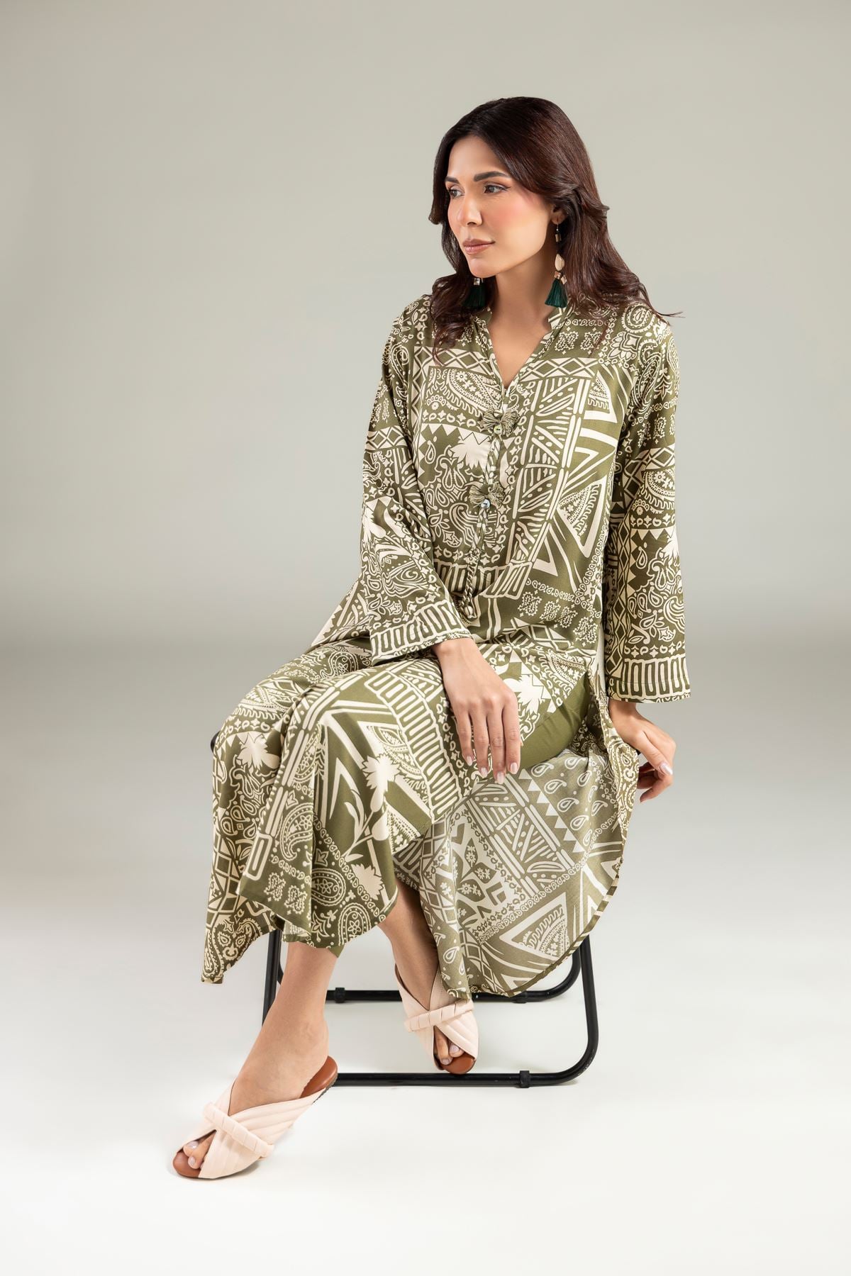 Printed Viscose Long V-Neck Kurta - 1-26-108-A-F-VG