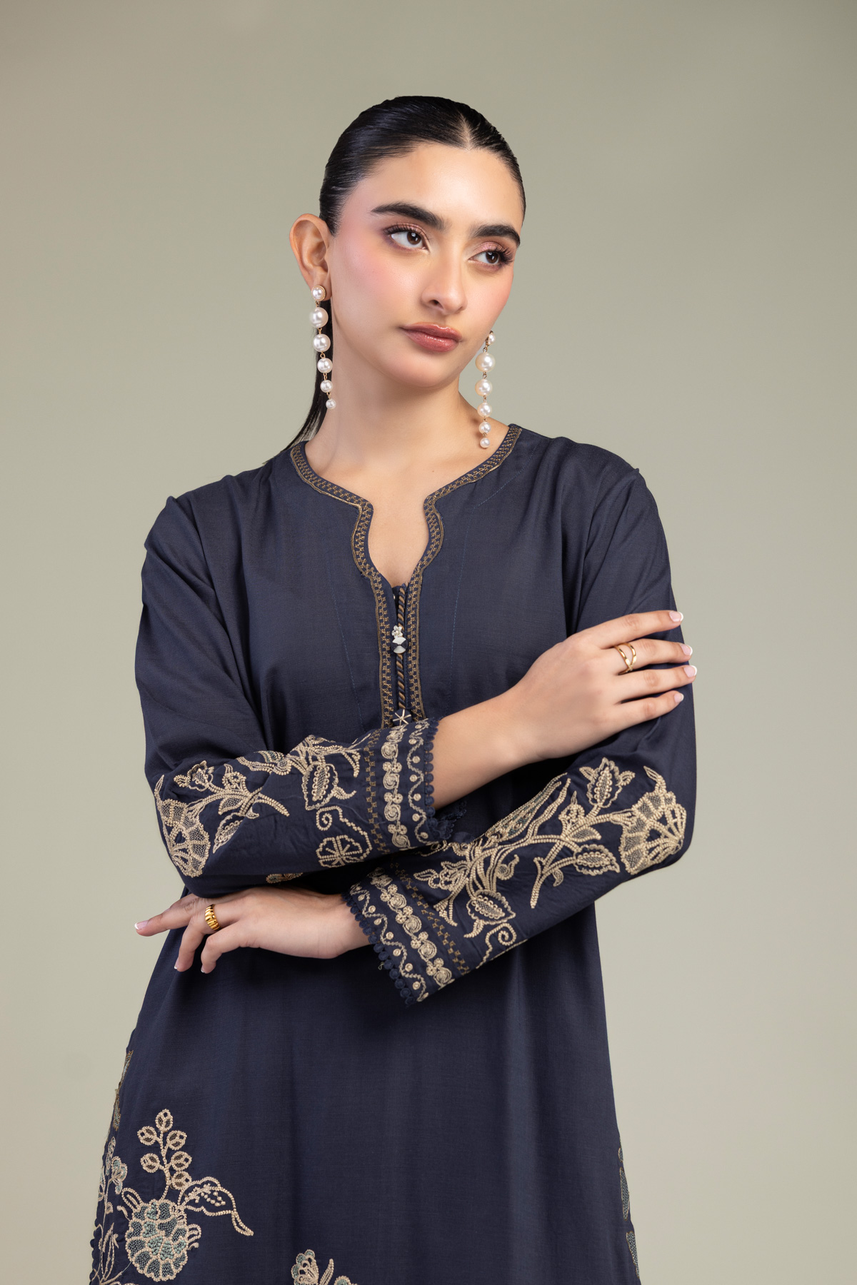 Embroidered Raw Silk Floral Navy Kurta - 1-26-309-B-D1-VG
