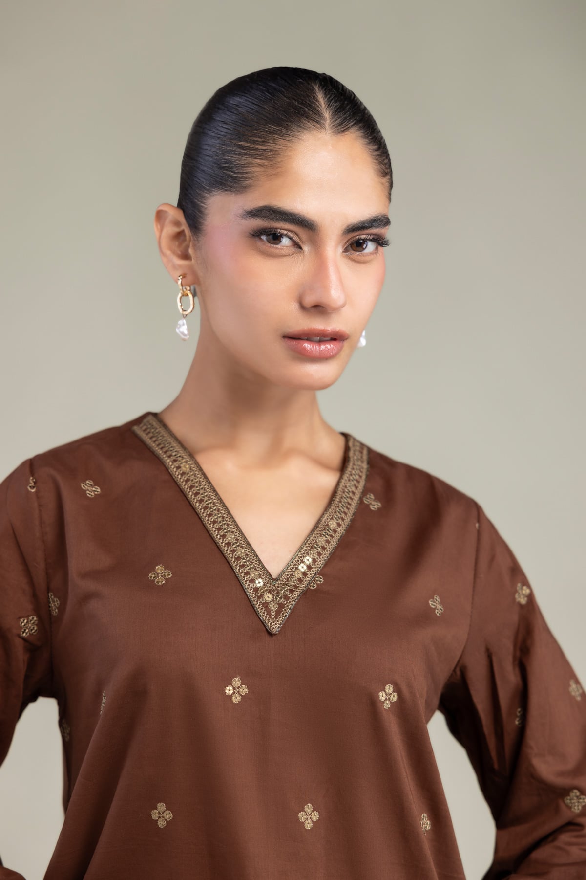 Embroidered Cambric Brown V-Neck Kurta - 1-26-102-A-F-VG
