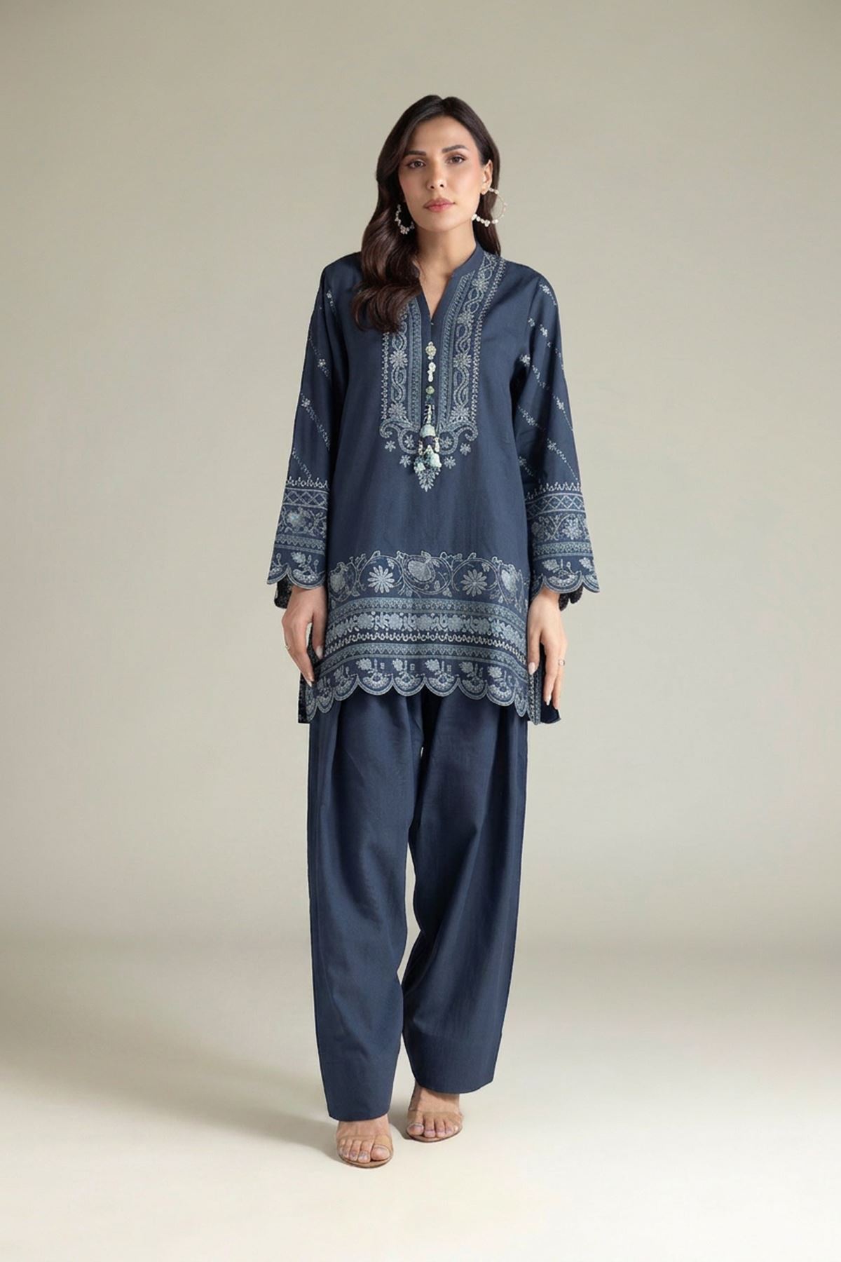 Embroidered Textured Cotton Tailored 2 Piece | Top and Bottom - T-A22-26-207EA2-VG
