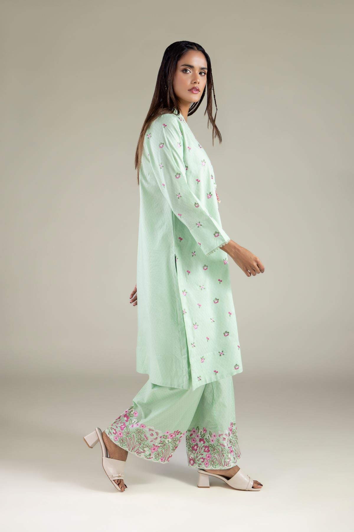 Embroidered Cotton Dobby Floral Band-Collar Kurta - 2-26-101-A-D-VG