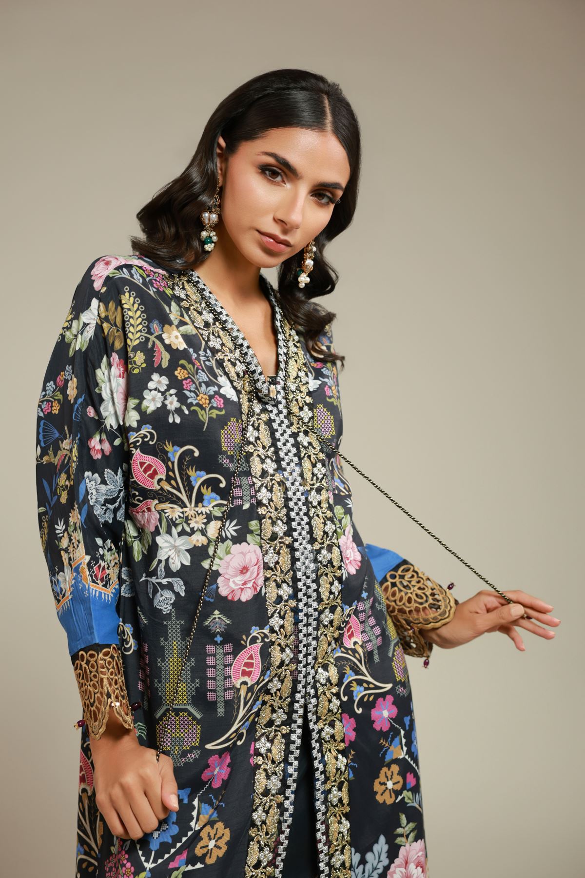 Embroidered Raw Silk 2 Piece Co-ord Set | Top and Bottom - 6-26-105-A-G-VG