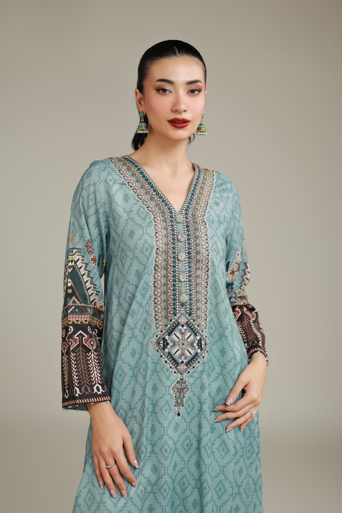 Embroidered Raw Silk Teal Longline Kurta - 1-26-101-A-D-VG