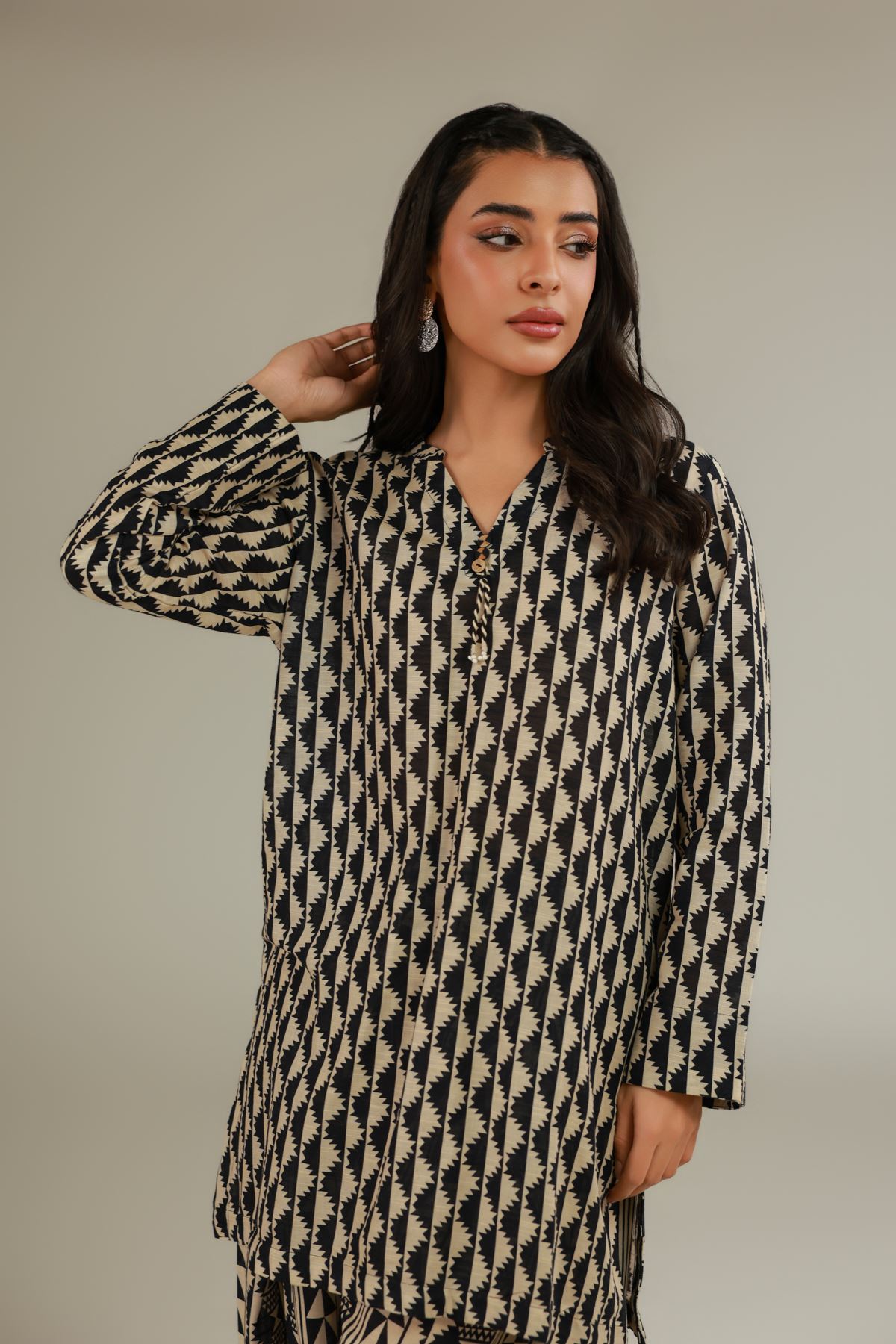 Printed Textured Cotton Geometric V-Neck Kurta - 25-09-10E2-09TB-VG