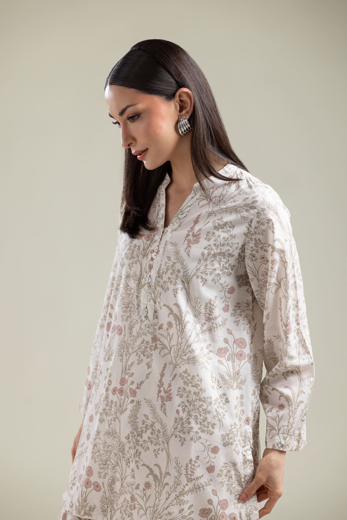 Printed Cotton Viscose Floral V-Neck Kurta - 1-26-134-A-F-VG